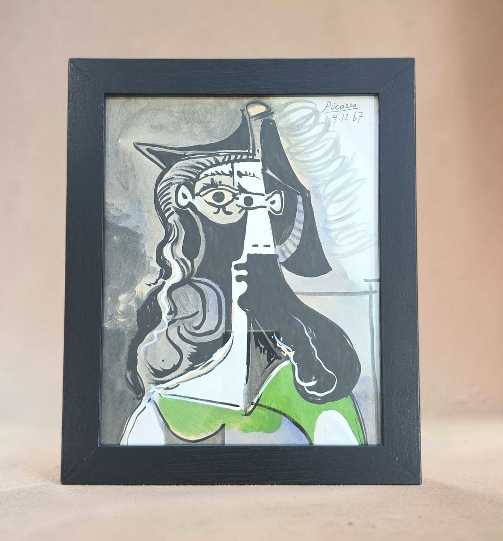Cubist Portrait of Woman, Picasso Style: 11" x 9.5" Cubist Portrait of Woman, fragmented, multi angled female with flowing hair and green dress, Style of Pablo Picasso, Signed and Stamped, hand Drawn, unverified