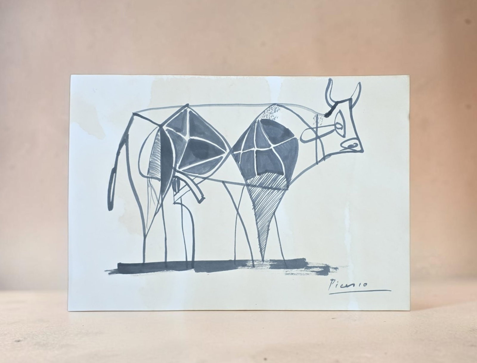 Le Taureau "The Bull" Abstraction Series, Picasso: 13" x 9" Le Taureau "The Bull" Abstraction Series, Picasso Lithograph from the 1945-1946 Le Taureau Series, Style of Pablo Picasso, Signed and Stamped, Hand Drawn, Unverified