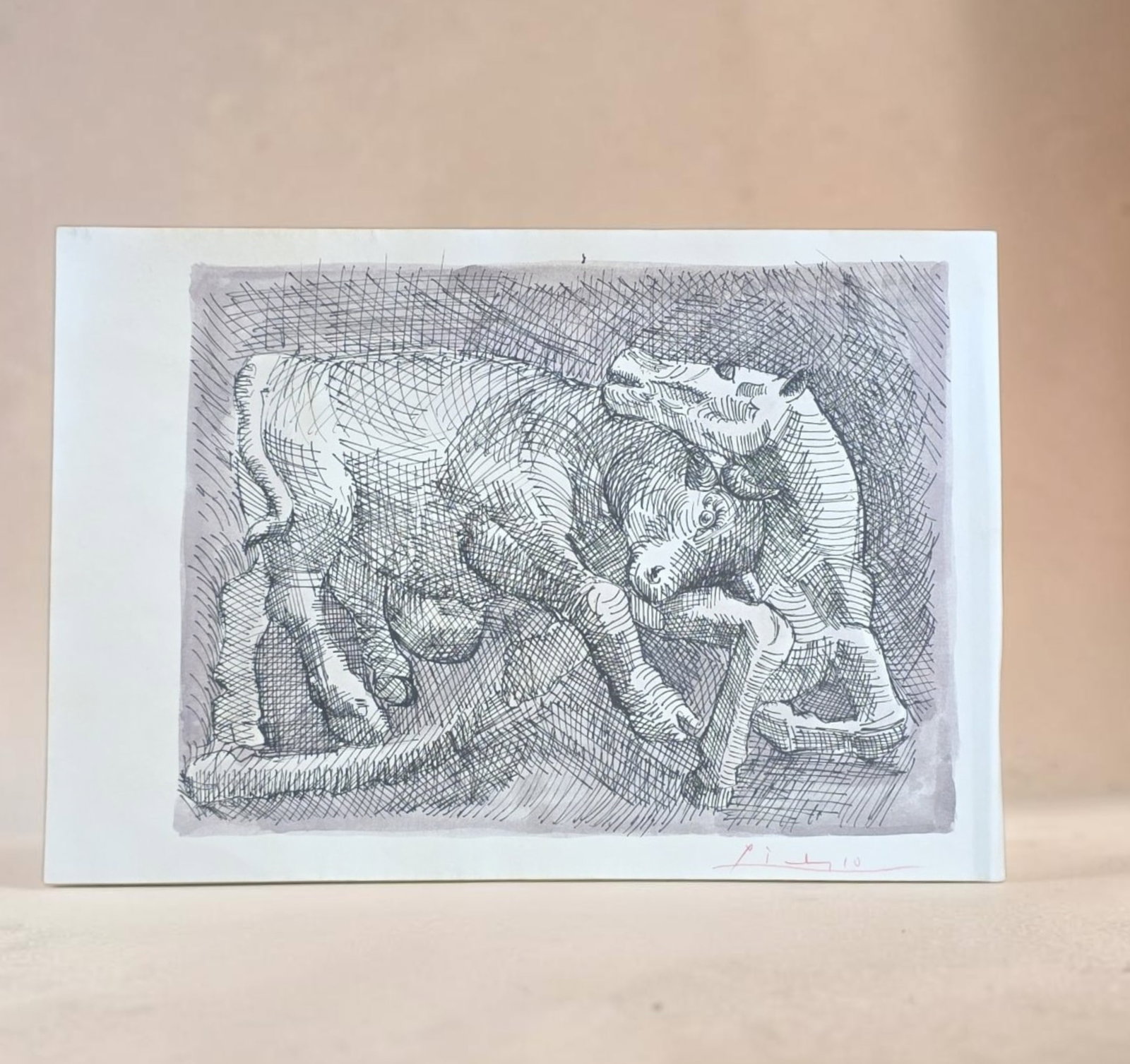 Taureau attaquant un cheval?(Bull Attacking a Horse), Picasso: 13" x 9" Taureau attaquant un cheval?(Bull Attacking a Horse), Picasso, Hand drawn, 1921 Style of Pablo Picasso, Signed and Stamped, Unverified