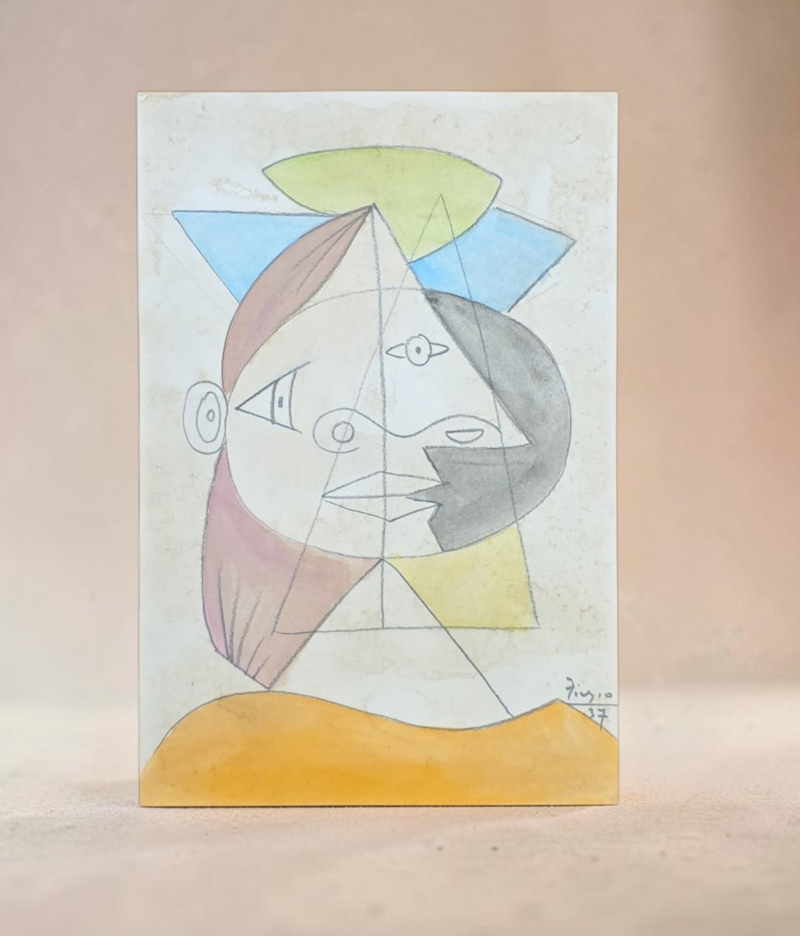 Picasso's 1937 portrait?Head of a Woman: 13" x 9" In the style of Pablo Picasso's 1937 portrait?Head of a Woman (Marie-Th?r?se Walter), featuring geometric lines and soft watercolor tones, Signed and Stamped, Unverified