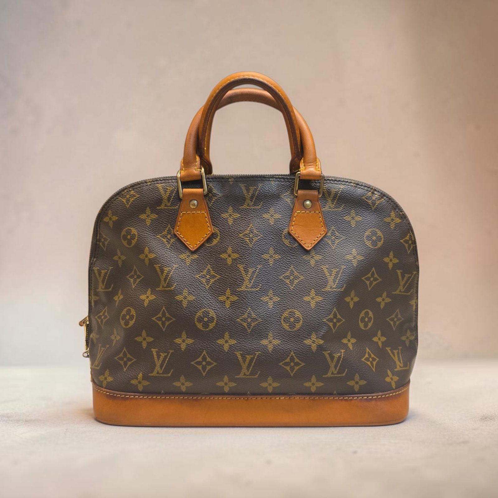 Authentic Louis Vuitton Alma PM handbag: 12.25" x 9.25" x 6.5" Authentic Louis Vuitton Alma PM handbag featuring the iconic brown Monogram coated canvas with natural vachetta leather trim, rolled toron top handles, Great Used Condition