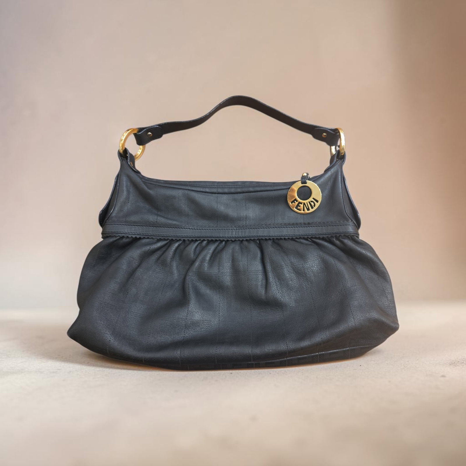 Authentic Fendi Vitello FF embossed Chef shoulder bag: 14.2" x 9.1" x 3.9" Authentic Fendi Vitello FF embossed Chef shoulder bag, Perforated Leather Bag, Fendi Hologram Serial Number, Excellent Used Condition