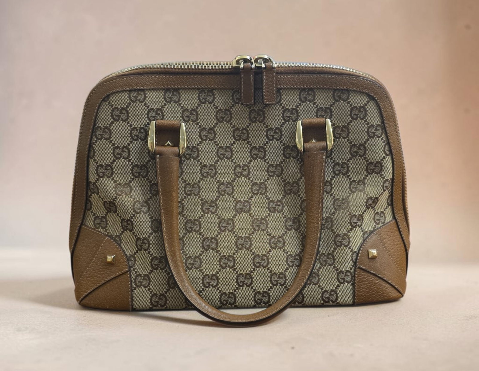 Authentic Gucci Dome Satchel GG Canvas with Studded Leather: 12" x 8" x 4" Authentic Gucci Dome Satchel GG Canvas with Studded Leather, Brown Leather with Gold Hardware, Excellent Condition