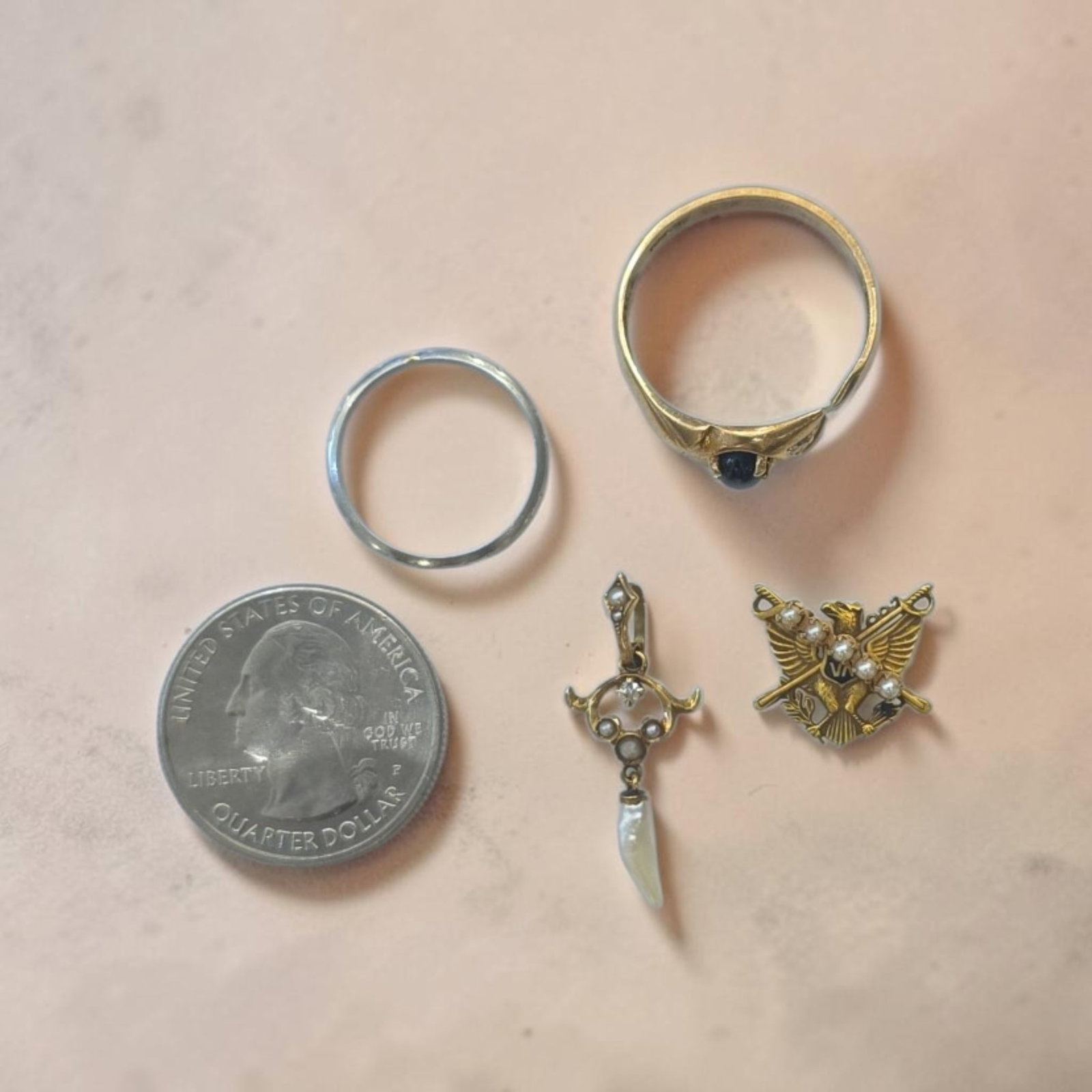 Assortment of Estate Jewelry: 1/2" x 1/2" Assortment of Estate Jewelry, Platinum Band, Gold Ring with diamonds and gemstone, Seed Pearl and Diamond Pendant, National Society of Scabbard and Blade Pin