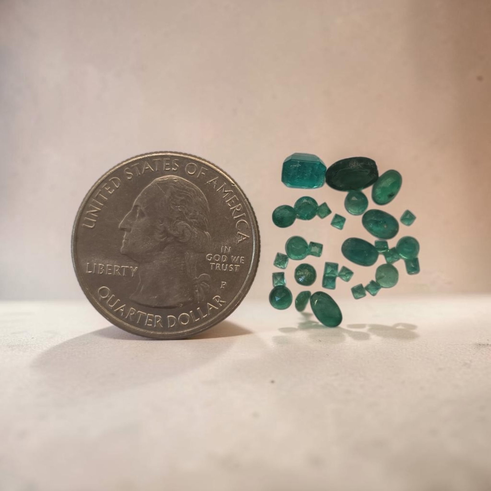 Assortment of Loose Faceted Emeralds: 1" x 1" Bag Collection of loose, faceted and smooth-cut green emerald gemstones, From South Florida Estate, Not Tested or Verified