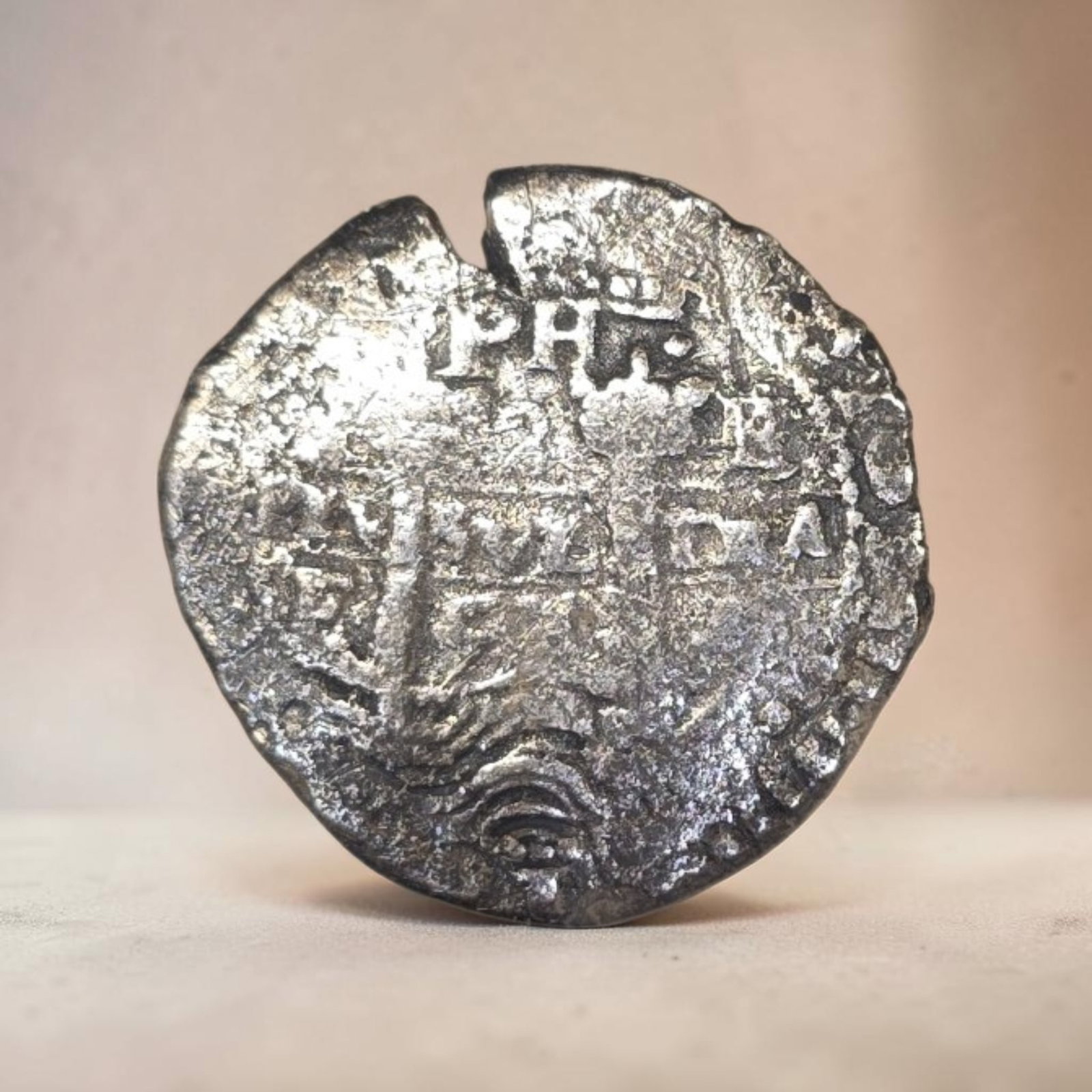 Spanish Cob Silver Coin, 8 Reale: 1.5" x 1.5" Spanish Cob Silver Coin, 8 Reale, Faint traces of the "Pillars of Hercules", 21.9 Grams
