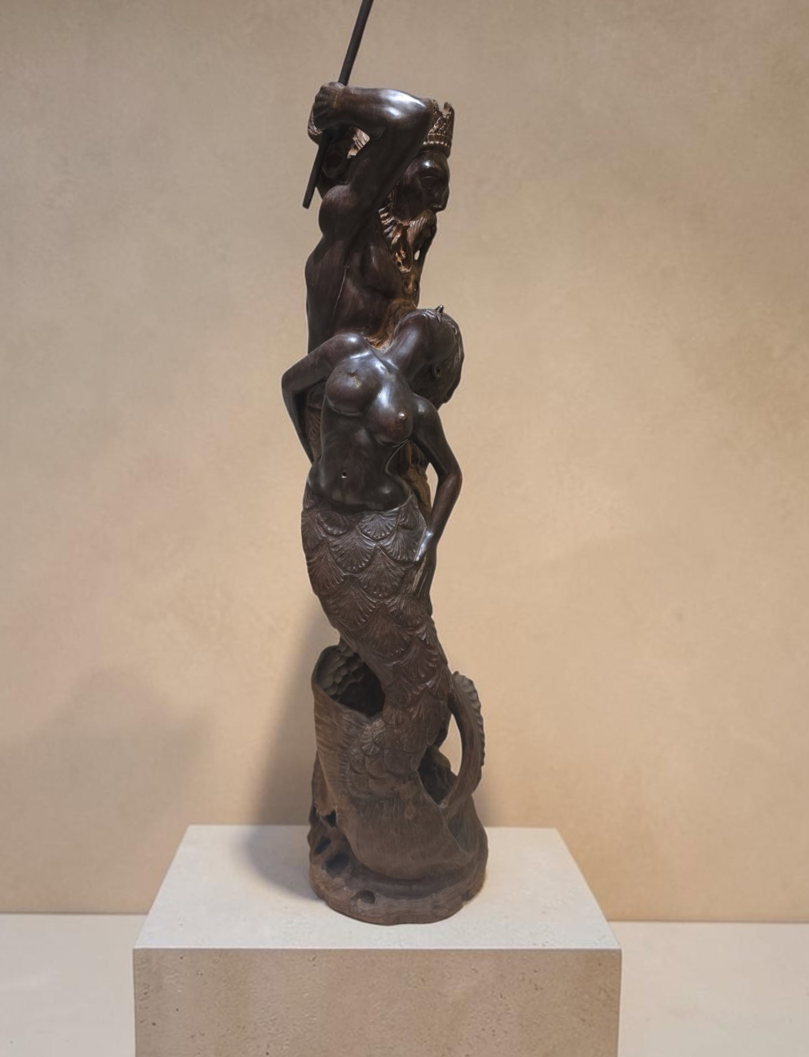 Rosewood Mythological Creature Sculpture Of Poseidon And Mermaid (1 of 7)