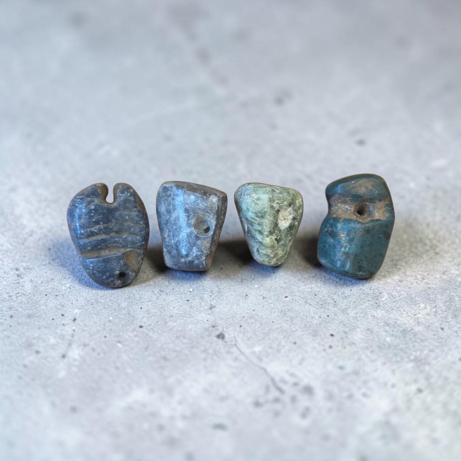 Pre-Columbian Blue Jade Beads, Costa Rica: .75" x .5", Pre-Columbian Blue Jade Beads, Assorted Carved Spacer Beads, Blue Jade, Nicoya Costa Rica, 500-900 C.E.