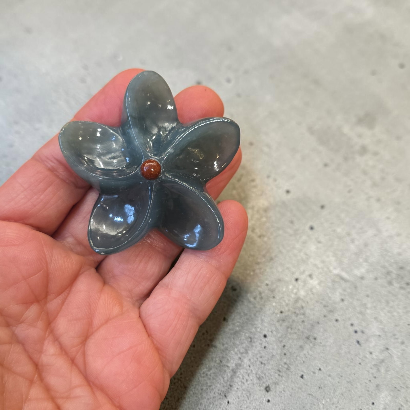 Blue Jadeite Jade Flower Pendant, Guatemala: 2" x 2", Blue Jadeite Jade Flower Pendant, Motauga River Valley Guatemala, Translucent Jadeite Jade Flower Pendant, Red Jade Inlay Center Stone