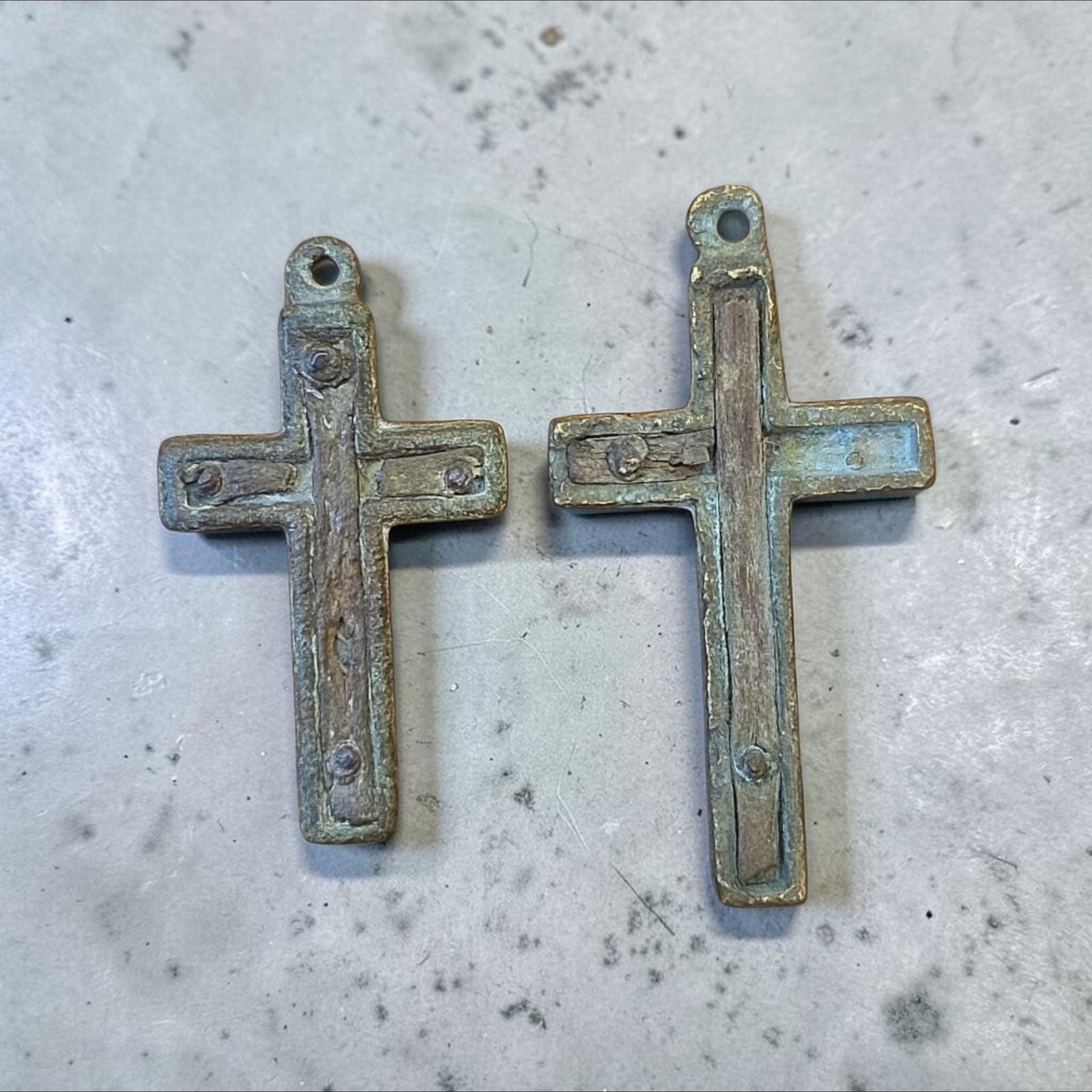 18th Century Italian Crucifix, Pair of 2: 1.25"-1.5", 18th Century Italian Crucifix, Pair of 2, Bronze with Wood Inlay