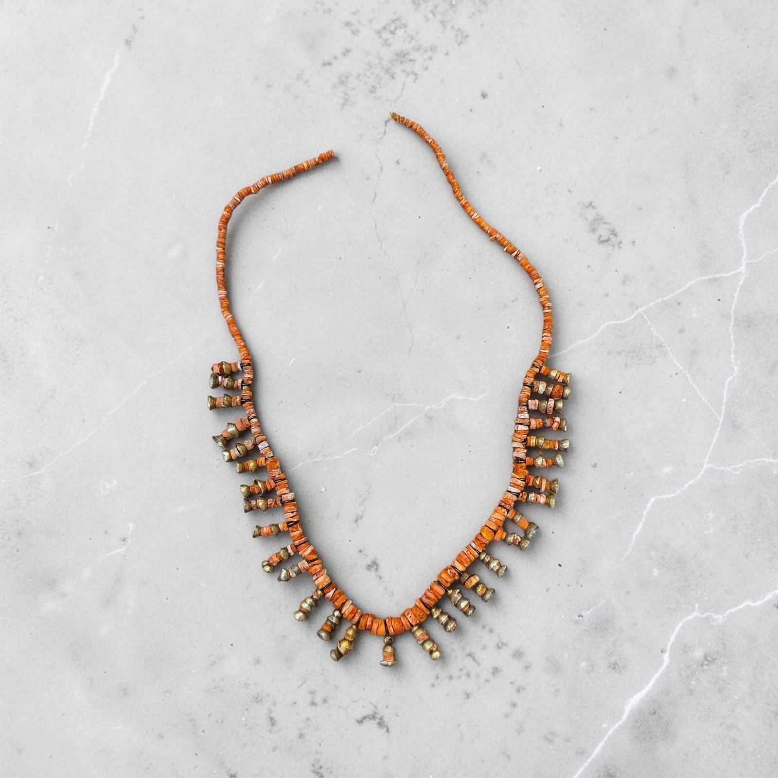 Pre-Columbian Tairona Spondylus Shell and Gold Bell Necklace: 9.5", Pre-Columbian Tairona Spondylus Shell and Gold Bell Necklace, Pre-Columbian Spondylus Beads with Gold Spacer beads and Gold Bell Beads , Tairona Culture 800-1200 C.E.