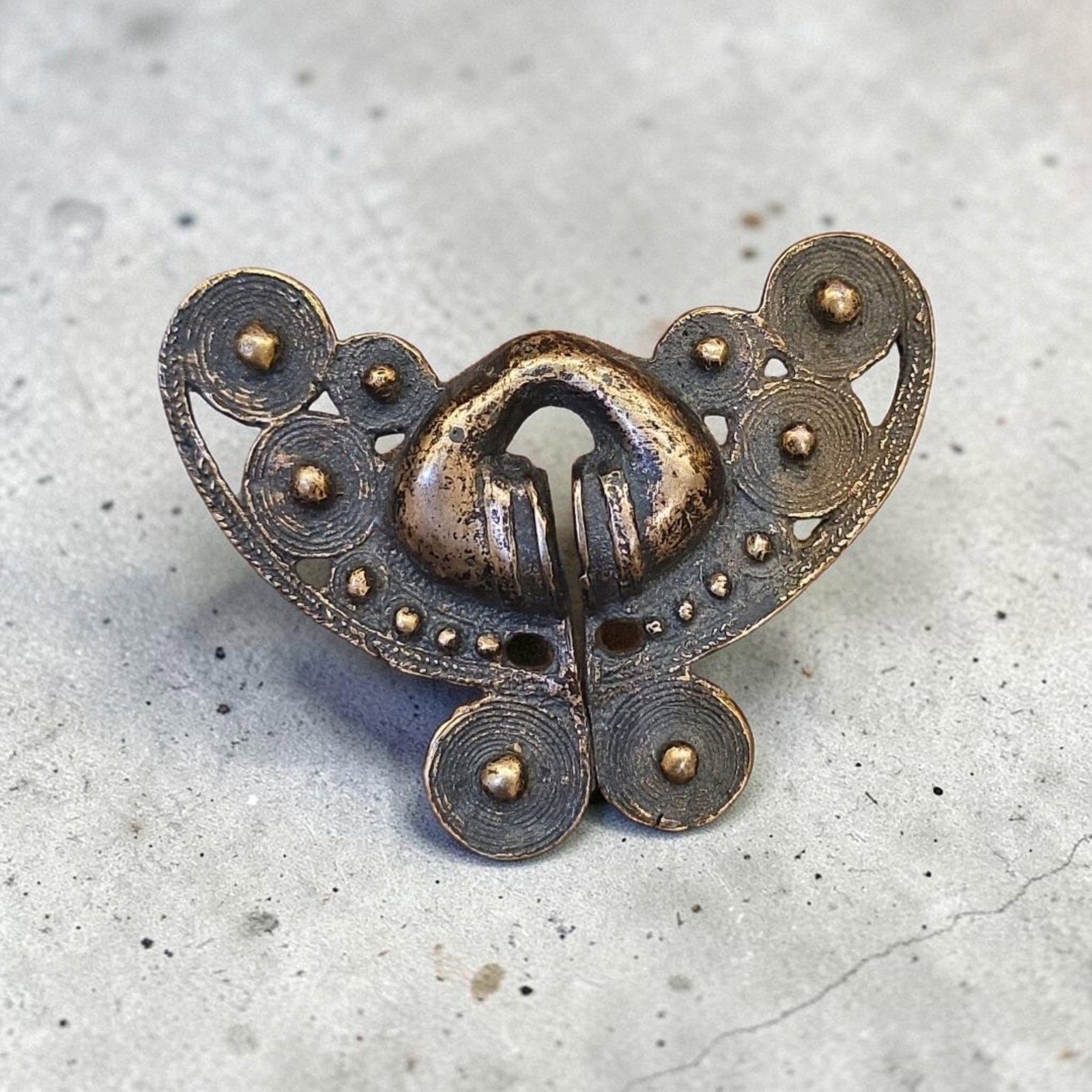Pre-Columbian Tumbaga Butterfly Nose Ornament: 2.5" x 2", Pre-Columbian Tumbaga Butterfly Nose Ornament, Openwork Ornament, Spirals and Globular Relief Beads, Tairona Culture Colombia, 800-1200 C.E.