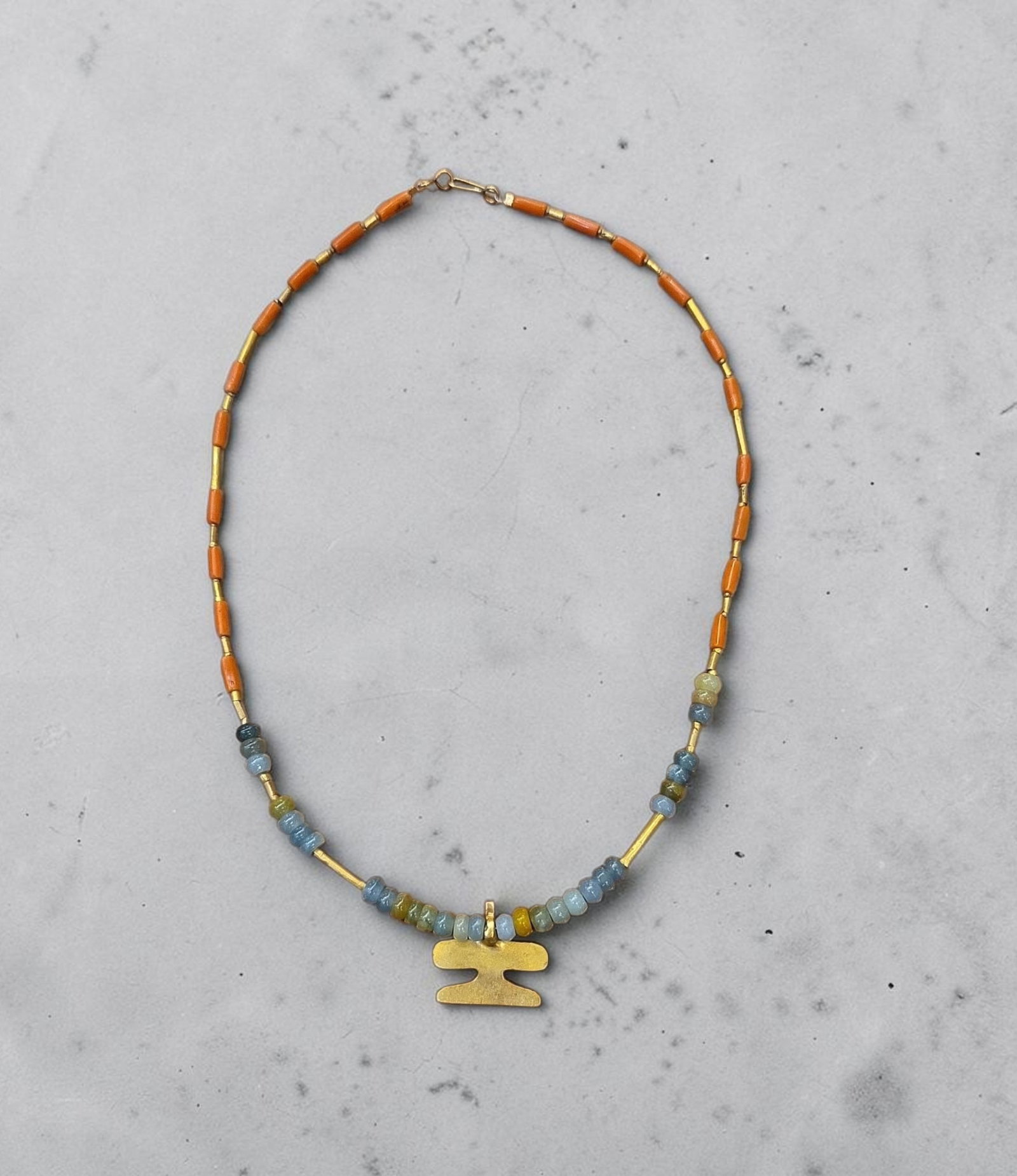 Pre-Columbian Tairona Gold Avian Pendant Necklace: 8" Drop, Pre-Columbian Tairona Gold Avian Pendant Necklace Pre-Columbian Gold Tube Beads,Jadeite Jade Round Spacer Beads, Spondylus Shell Spacer Beads, Panamanian Pre-Columbian Gold , Modern Day Clasp
