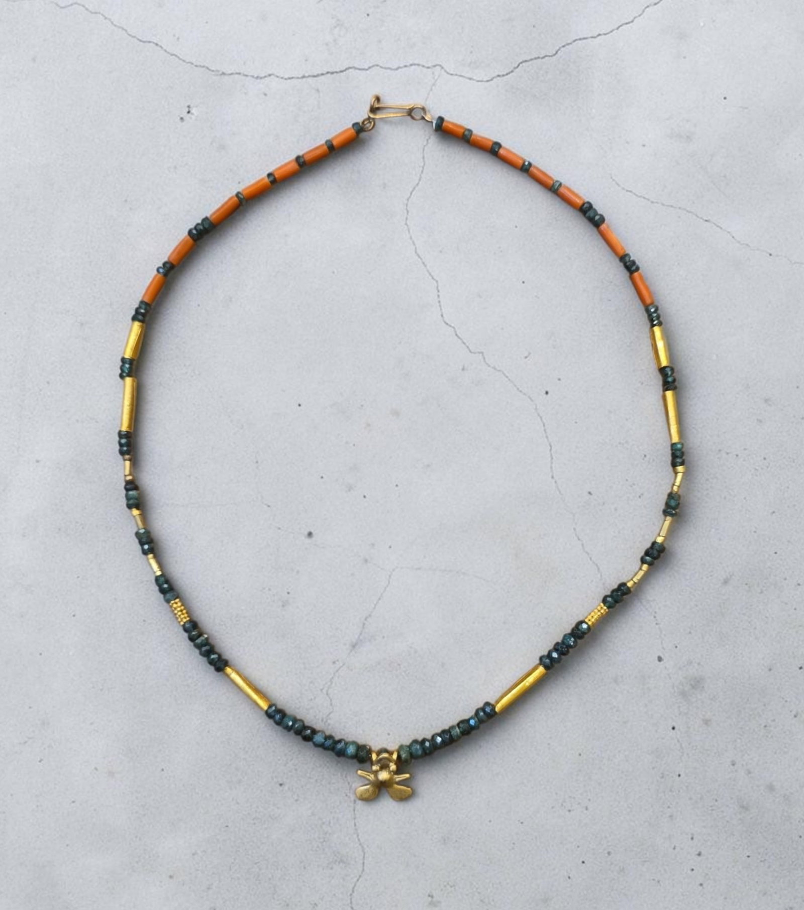 Pre-Columbian Gold Panamanian Frog Necklace with Emeralds: 8.5" Drop length, Pre-Columbian Gold Panamanian Frog Necklace with Emeralds, Pre-Columbian Gold Frog, Faceted Gemstone Emeralds Cambodia, Spondylus Shell Spacer Beads, Panamanian Gold, Modern Day