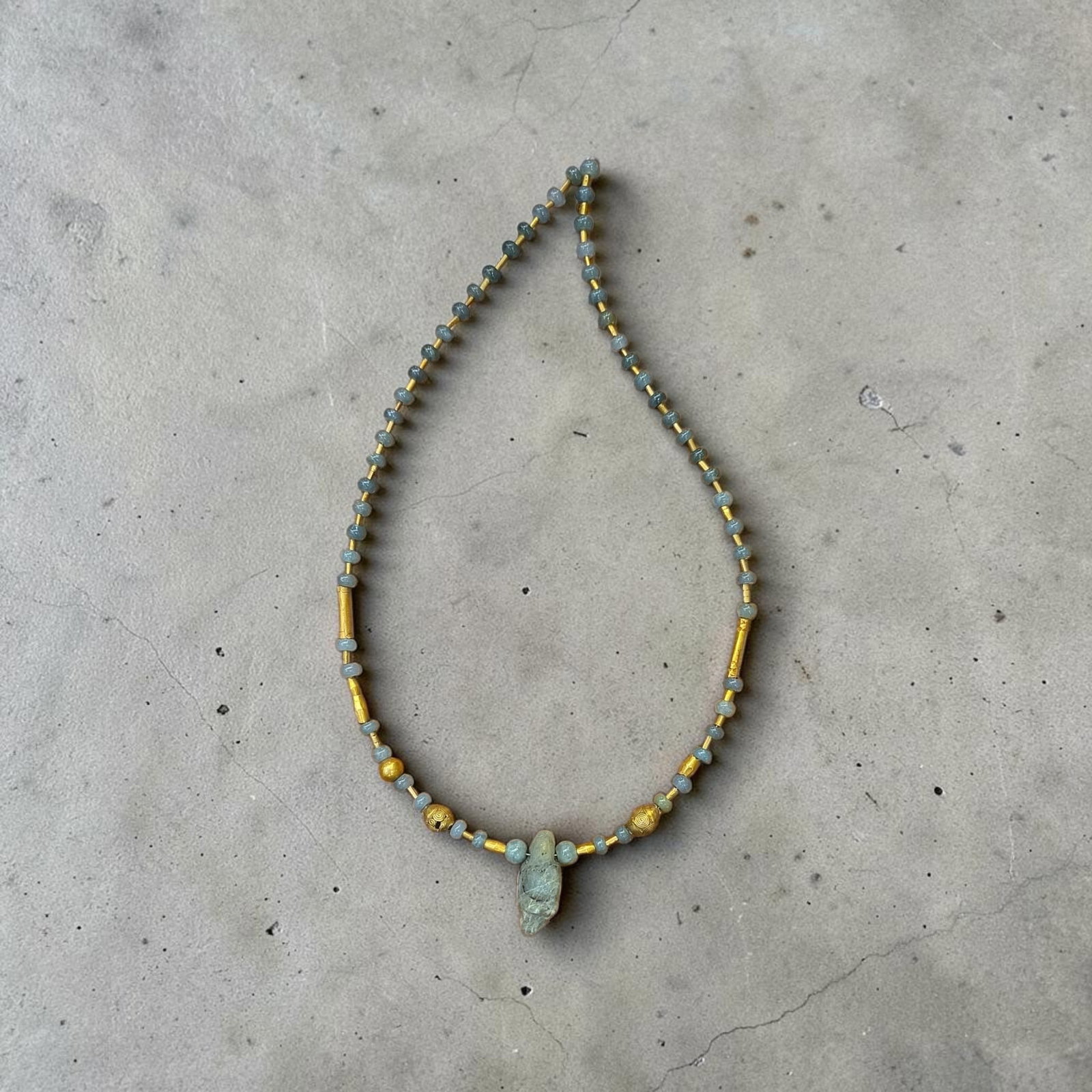Pre-Columbian Gold and Avian Jade Beaded Necklace: 10" Drop Length, Pre-Columbian Gold and Avian Jade Beaded Necklace, Pre-Columbian Avian Jadite Jade Center Pendant Costa Rica, Pre-Columbian Gold Spacer Beads Tairona Culture Colombia, Modern Day Clas