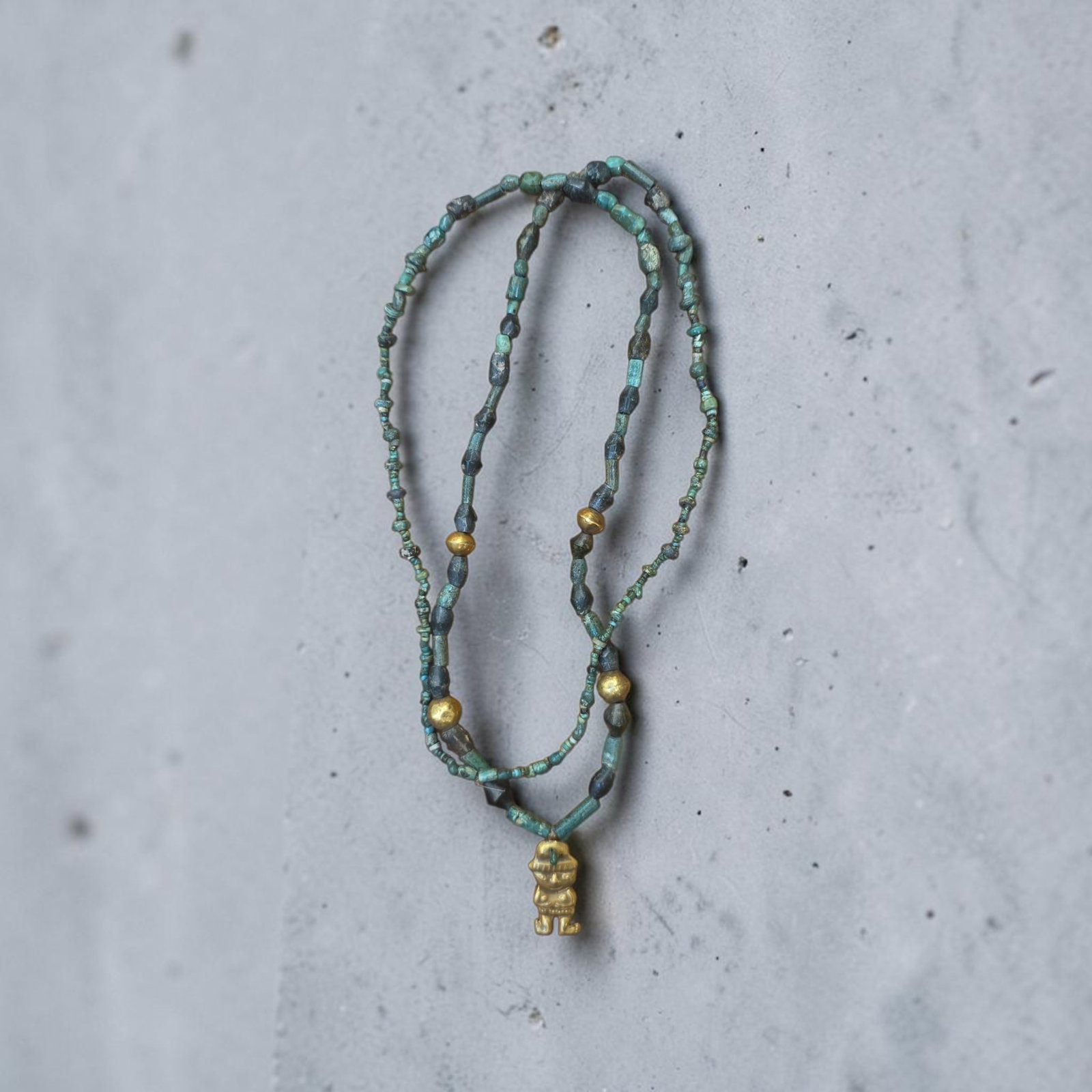 Pre-Columbian Green Turquoise and Gold Necklace: 20" Drop Length, Pre-Columbian Green Turquoise and Gold Necklace, Figural Center Pendant, South America, 800-1200 C.E. , 20" drop length