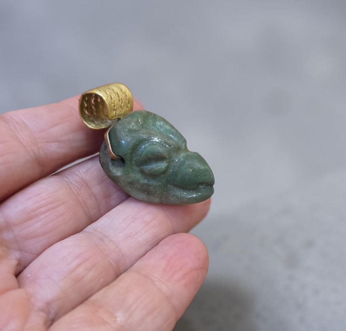 Pre-Columbian Mayan Avian Pendant with Gold and Jade: 1.5", Pre-Columbian Mayan Avian Pendant with Gold and Jade, Translucent Jade Avian Carved Paendant with Pre-Columbian Gold, Mayan, Mesoamerica, 300-800 C.E.