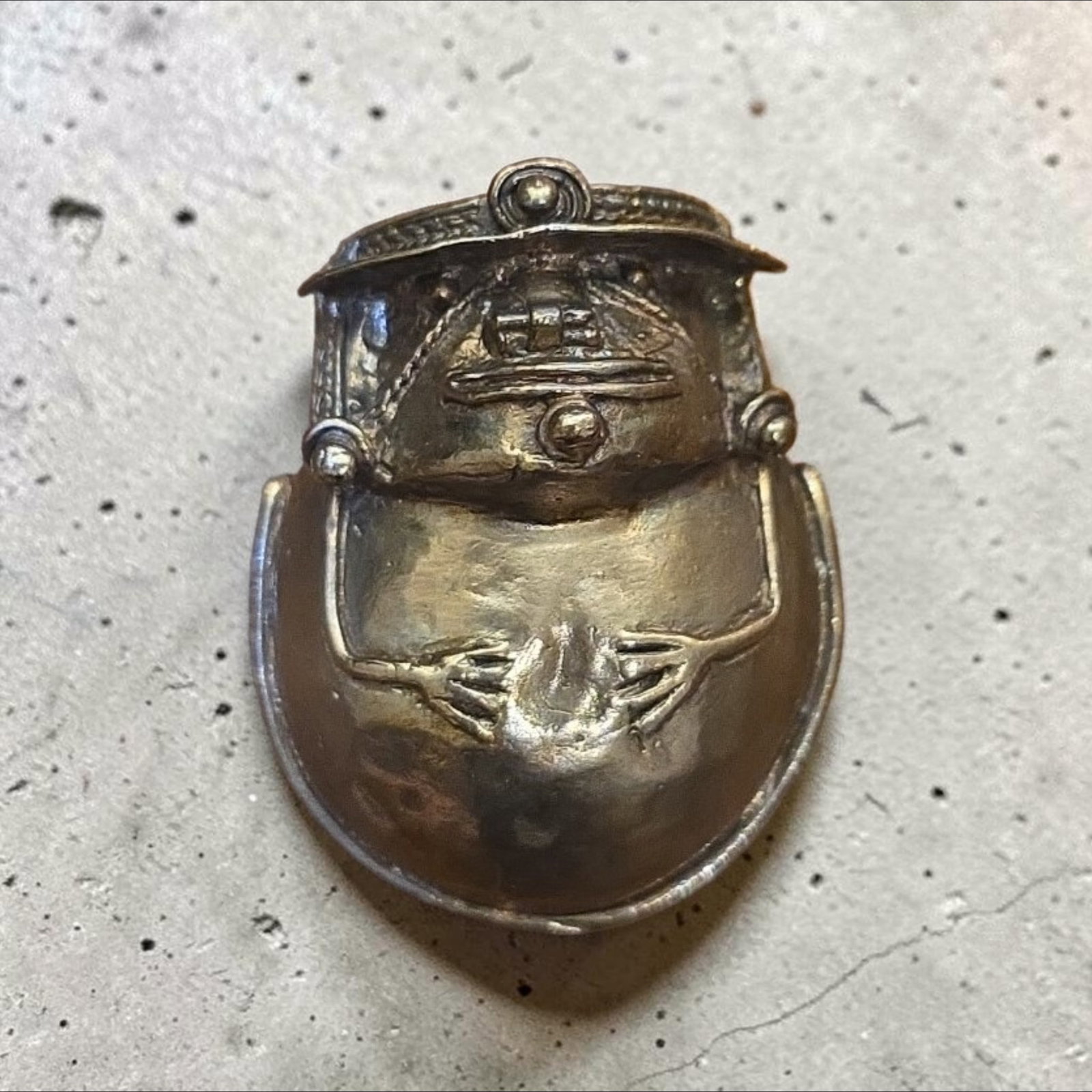 Pre-Columbian Tairona Figural Bell Tumbaga Pendant: 1.5", Pre-Columbian Tairona Figural Bell Tumbaga Pendant, 25.96 Grams, Tairona Culture Colombia, 800-1200 C.E.