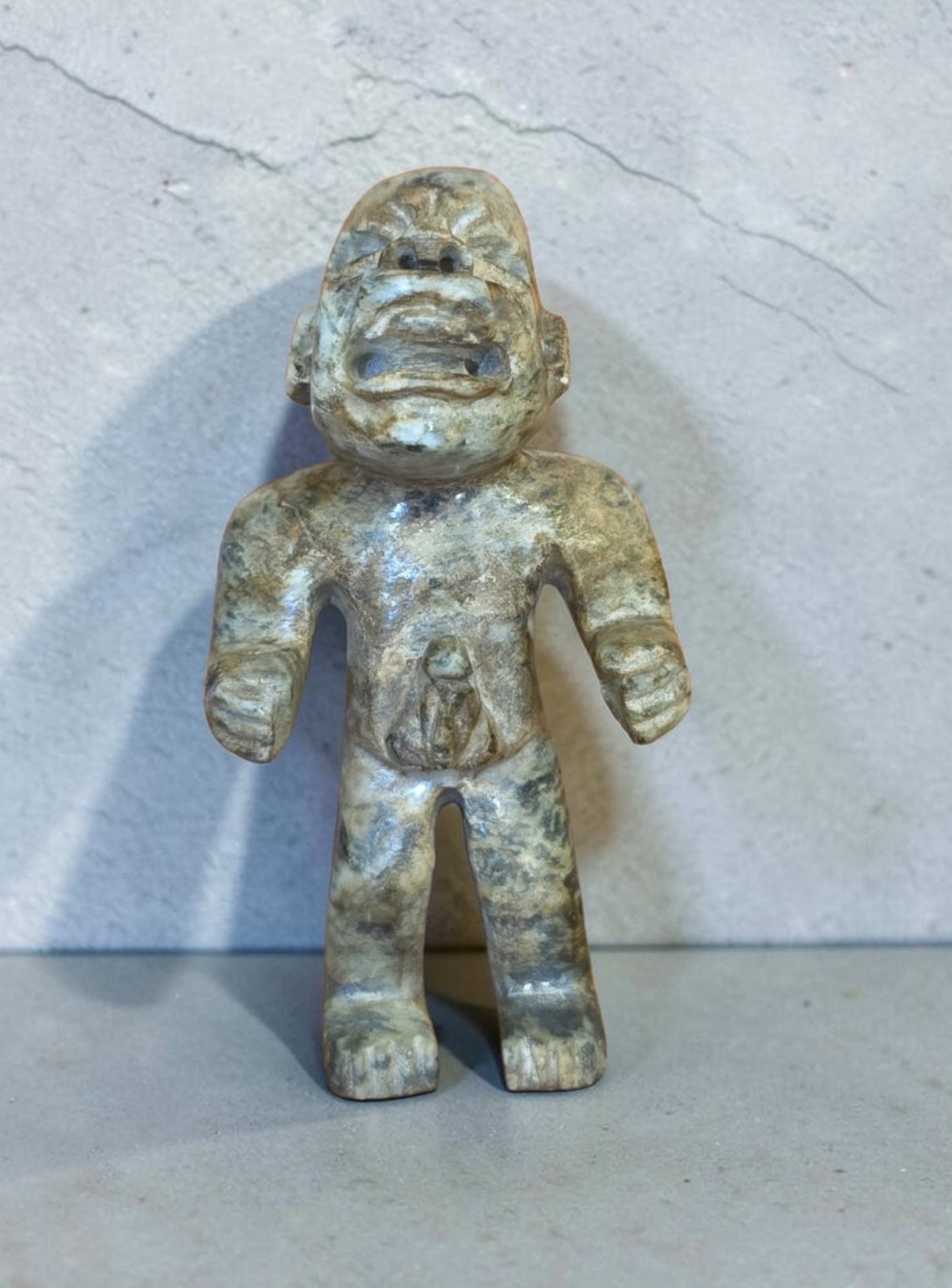 Pre-Columbian Olmec Anthropomorphic Jade Standing Figure: 1" x 2.75", Pre-Columbian Olmec Anthropomorphic Jade Standing Figure, Stylized Arms, Recessed Brow, Calcification, Mineral Deposits, Olmec Culture, Exact Age Unknown