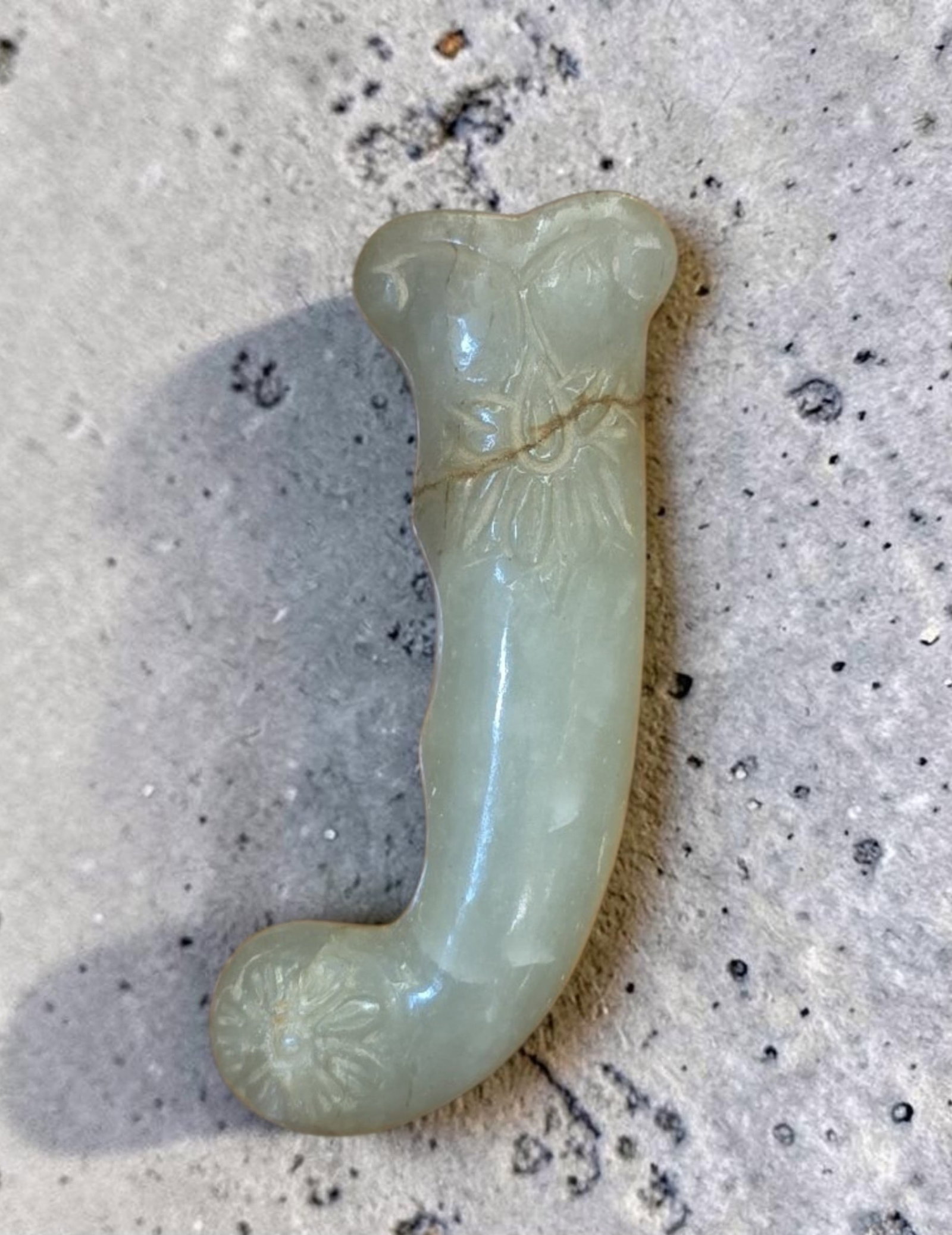 Antique Jade Mughal Handle, 19th Century: 4.5" x 1.25", Antique Jade Mughal Handle, 19th Century, Pale Green Jade, Translucent, Floral Motif