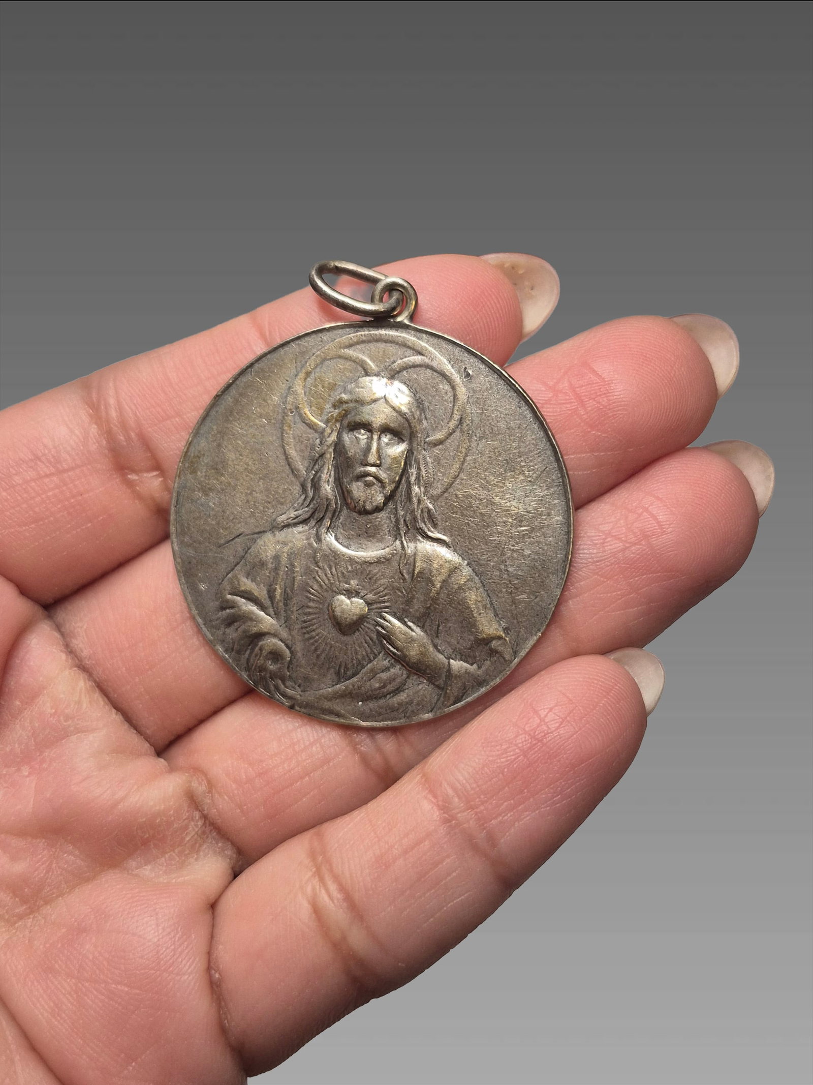 Antique Sacred Heart Devotional Pendant: 1.25", Antique Sacred Heart Devotional Pendant, 20Th Century Religious Devotional Pendant, Engraved on Backside