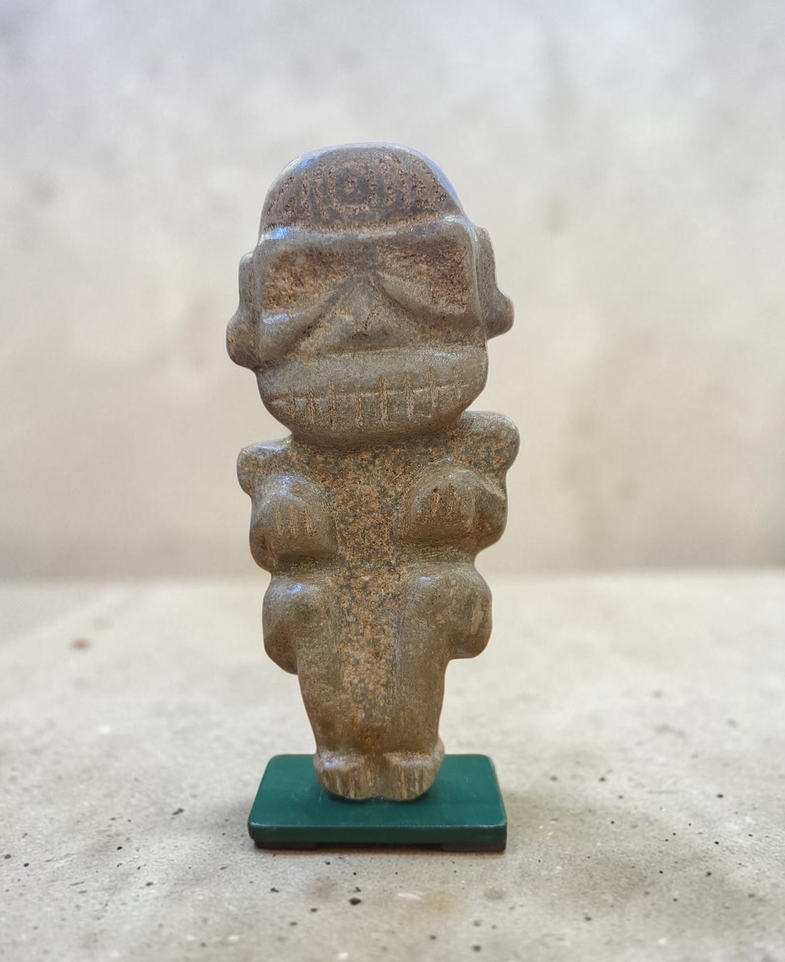 Pre-Columbian Taino Stone Zemi Idol Carving: 3" x 8.25", Pre-Columbian Taino Stone Zemi Idol Carving, Human Like Form, Broad Head, Heavy Brow, Vertical Inscised Lines, Mineral Deposits, Erosion, Taino Culture800-1200 CE