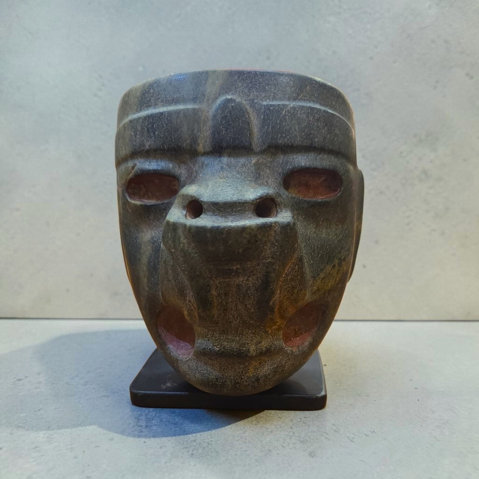 Pre-Columbian Green Stone Olmec Mask with Cinnabar: 2.75" x 4.5", Pre-Columbian Green Stone Olmec Mask with Cinnabar, Olmec Transformation Mask, Mineral Deposits, Erosion, Cinnabar, Olmec Culture, Exact Age Unknown