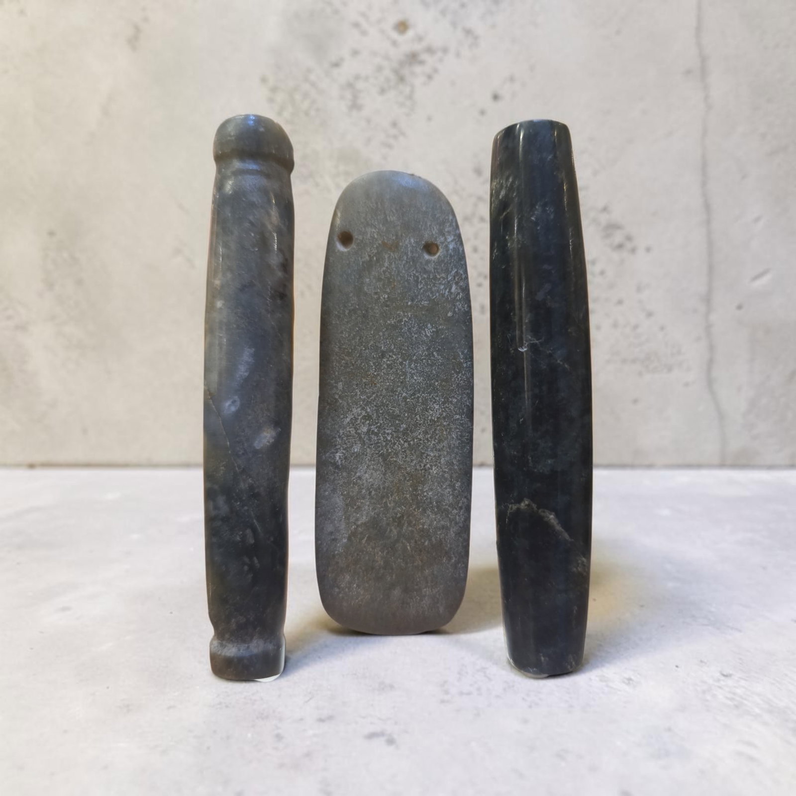 Pre-Columbian Mayan Jade Tube Beads and Jade Celt Pendant: 1/2" x 3", Pre-Columbian Jade Tube Beads and Jade Celt Pendant , Heavy Calcification, Mineral Deposits, Translucent Jade Tube Beads, Mesoamerica, 300-800 C.E. Sizes Range .5"-3"