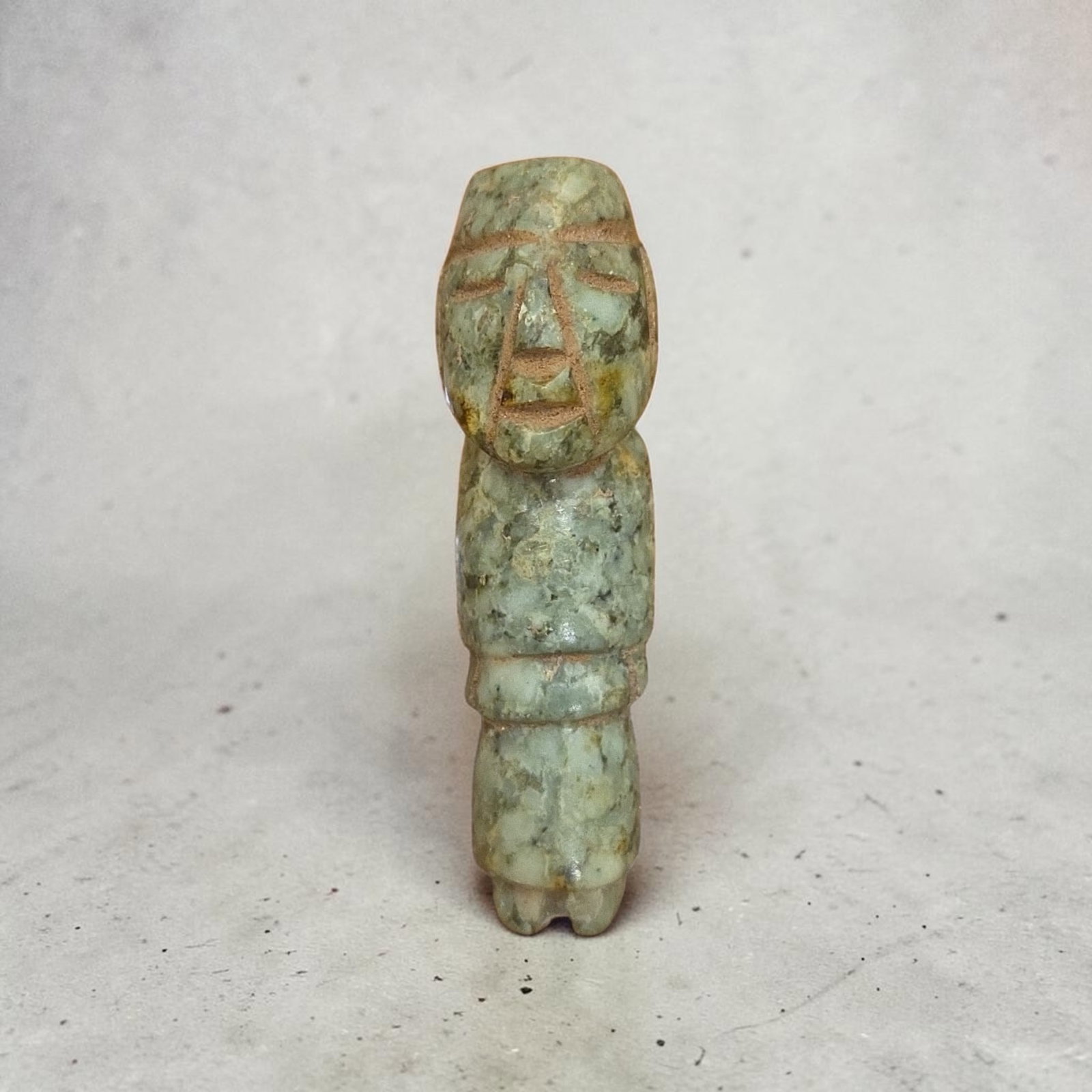 Pre-Columbian Mayan Jade Human Form Tubular Bead: 2.25" x .5", Pre-Columbian Mayan Jade Human Form Tubular Bead, Carved Jade Bead, Human Features, Mineral Deposits, Erosion, Speckled Green Jade, Mesoamerica, 300-800 C.E.