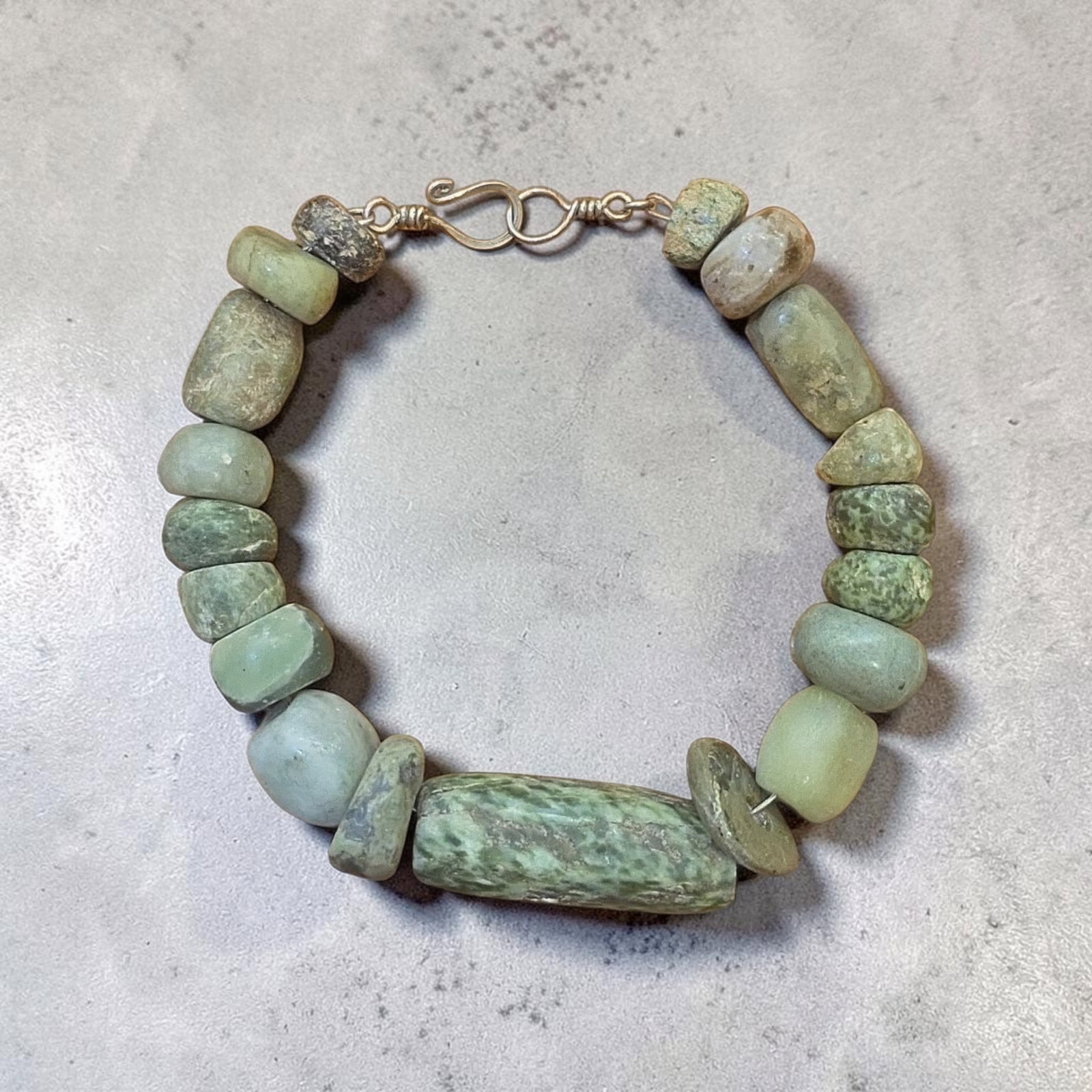 Pre-Columbian Mayan Green Jade Bead Bracelet: 8.75" Strand, Pre-Columbian Mayan Green Jade Bead Bracelet, High Polish Jade Beads, Large Tube Bead, Approx Strand Length 8.75", Mesoamerica 300-800 C.E.