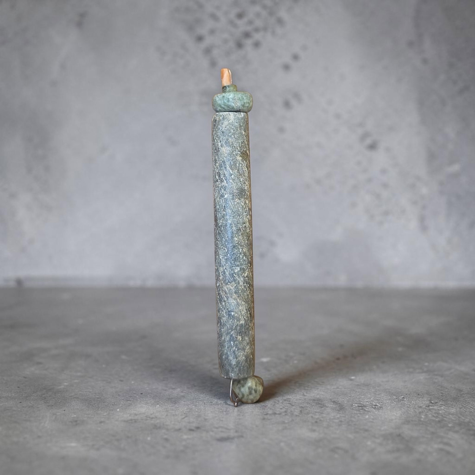 Pre-Columbian Mayan Assemblage, Jade Beads: 4.5", Pre-Columbian Mayan Assemblage, Jade Tube Bead with Spondylus Tip, Mesoamerica, 500-900 C.E.