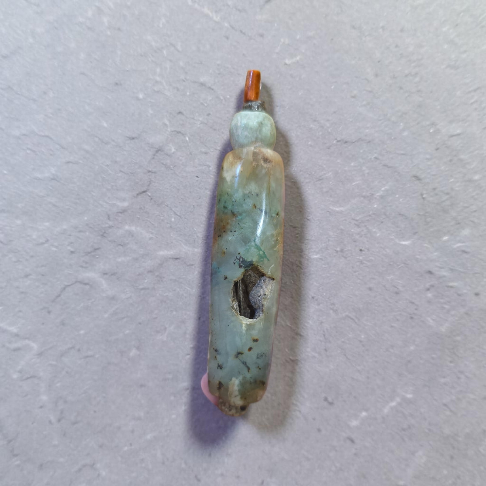 Pre-Columbian Green Jade Assemblage, Mayan: .5" x 3.25", Pre-Columbian Green Jade Assemblage, Mayan , High Polish Translucent Jade with Crystal Formation, Spondylus Tip, Mineral Deposits, Mesoamerica 500-900 C.E.