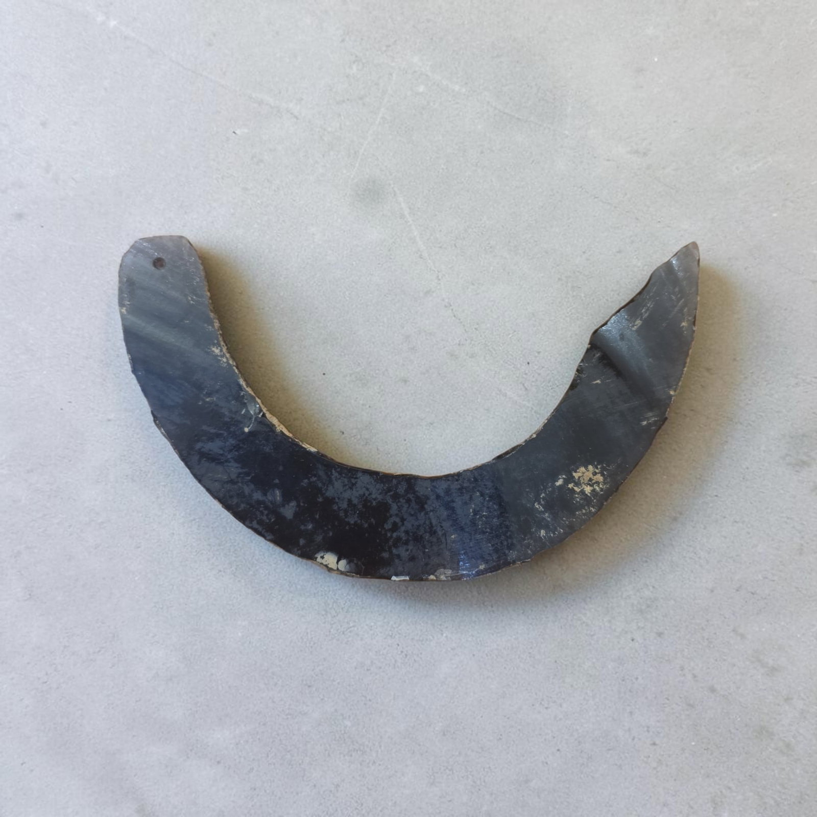 Pre-Columbian Mayan Obsidian Pectoral: 5"x 1", Pre-Columbian Mayan Obsidian Pectoral, Large Obsidian Half-Round Pectoral, Carved Obsidian, Very Rare, Mesoamerica 500-1200 C.E.