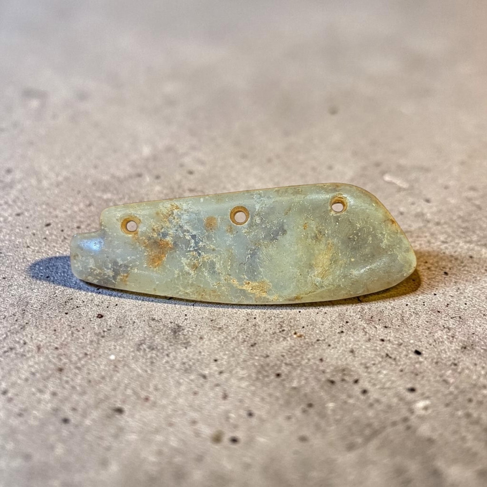 Pre-Columbian Jade Pectoral Pendant: 3" x 1.25", Pre-Columbian Jade Pectoral Pendant, Heavy Calcification, Mineral Deposits, Erosion, Translucent Jade, Mesoamerica 300-800 C.E.
