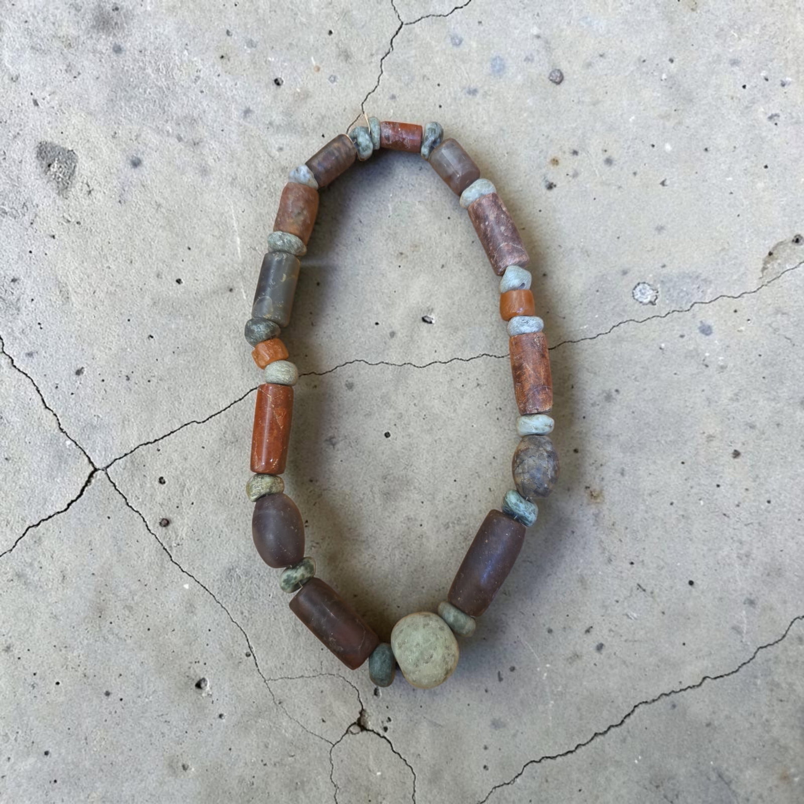 Pre-Columbian Mayan Stone Beaded Necklace: 9" Drop Length, Pre-Columbian Mayan Stone Beaded Necklace, Tube Bead Necklace with Jade Spacer Beads, Carnelian, and Jasper Beads, Mesoamerica, 500-900 C.E.