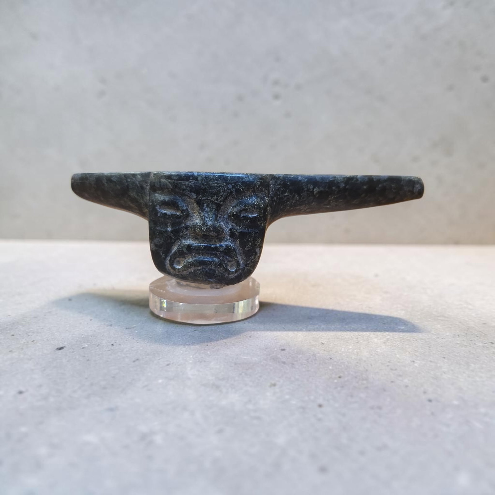 Pre-Columbian Olmec Green Jade /Serpentine Spoon: Pre-Columbian Olmec Green Jade/Serpentine Spoon, Stylized Olmec Features, Anthropomorphic, Flat Wide Handle, Erosion and Mineral Deposits, Olmec Culture, Exact Age Unknown