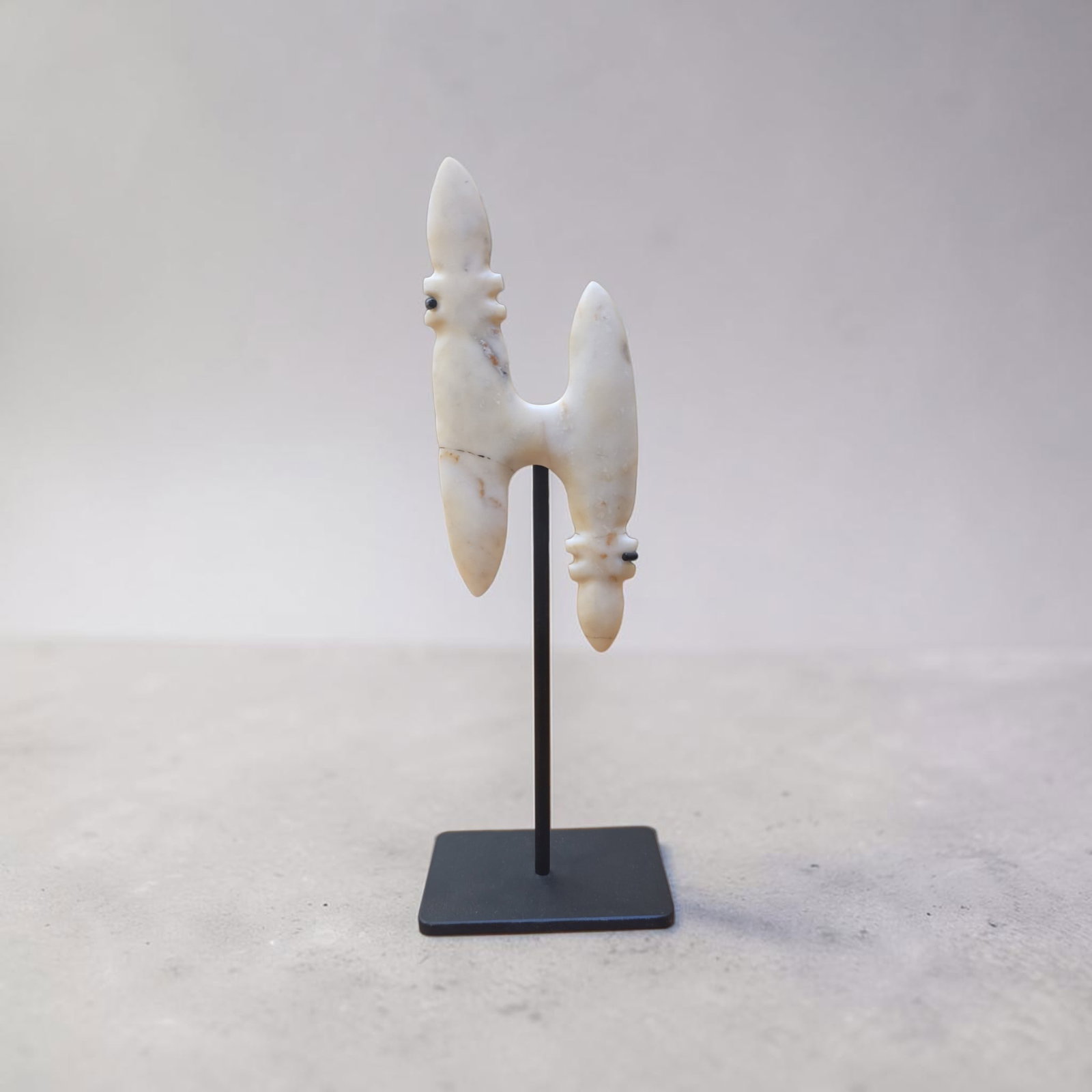 Pre-Columbian Mayan Eccentirc, White Jade: 6.5" x 3", Pre-Columbian Mayan Eccentirc, White Jade Eccentric on Custom Stand, Mesoamerica, 300-800 C.E.