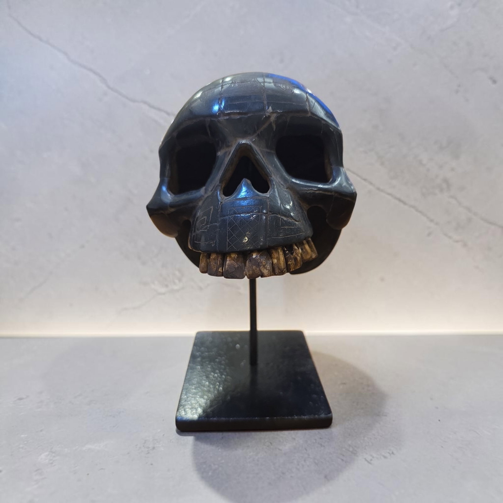Pre-Columbian Style Life Size Mosaic Skull Mayan: 5" x 6" Not Including Stand, Pre-Columbian Style Mosaic Life Size Skull Mayan, Black High Polish Stone Mosaic Skull, Mesoamerica, Exact Age Unknown, Custom Display Stand