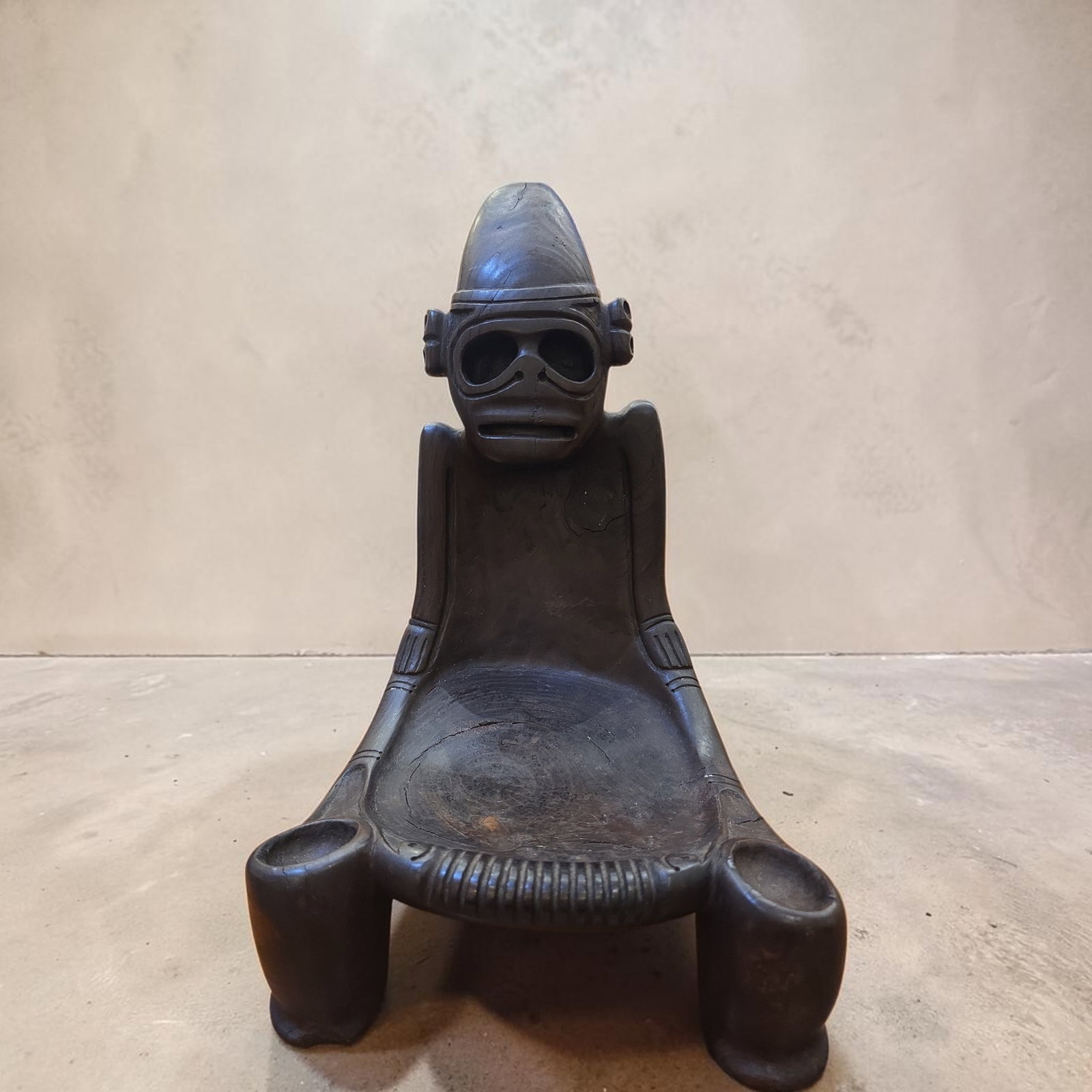 Pre-Columbian Taino Duho Ceremonial Stool: 8" x 18", Pre-Columbian Taino Duho Ceremonial Stool, Carved Hardwood Stool, Ceremonial Stool for Tribal Chiefs, Human-Like Features with Headdress, Taino Culture, 800-1200 C.E.