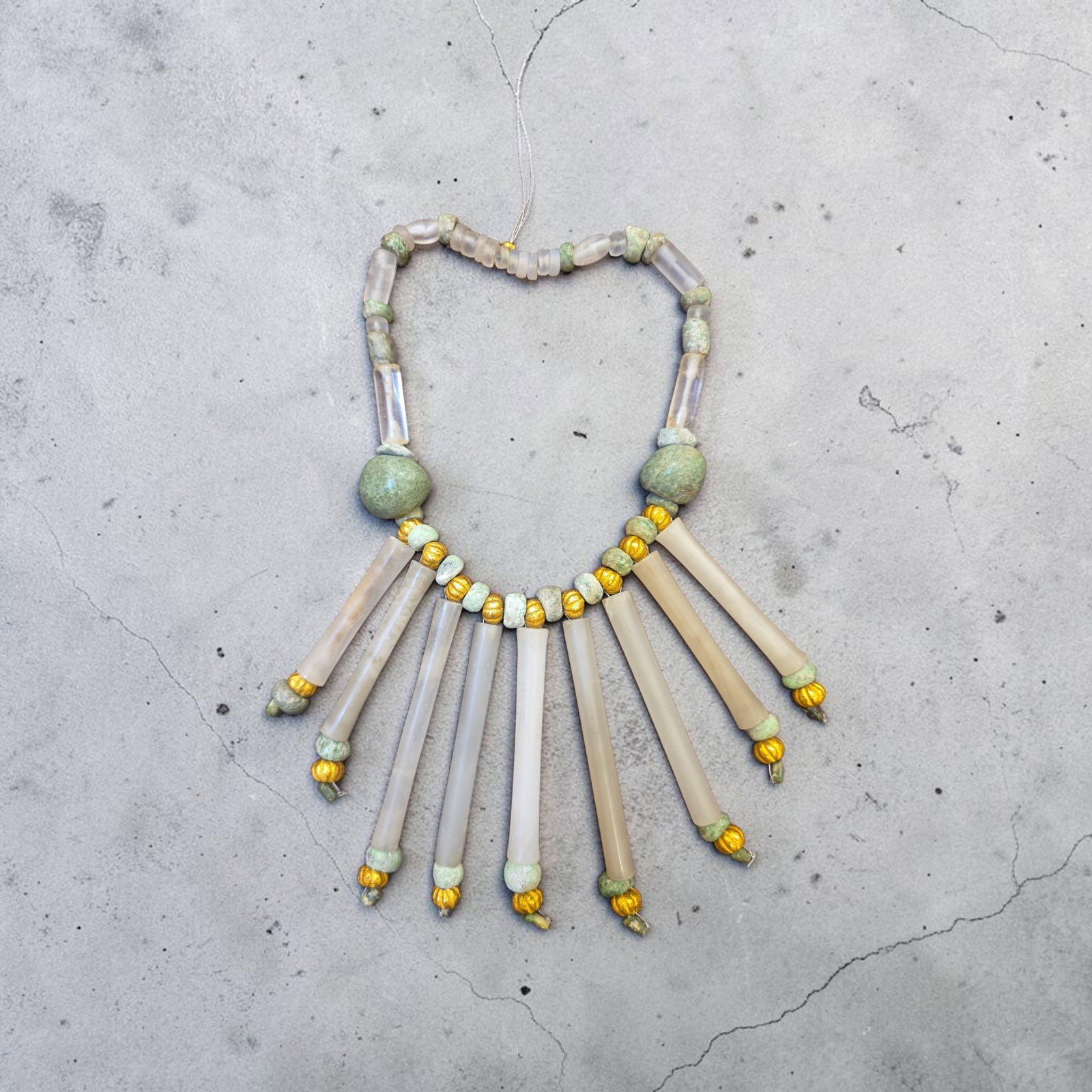 Pre-Columbian Tairona Crystal Quartz and Gold Beaded Necklace: Approx 12" Drop Length, Pre-Columbian Taitona Crystal Quartz and Gold Beaded Necklace, Very Large Ceremonial Crystal Quartz Tube and Spacer Beads Tairona Culture, Mayan Jade Round Beads and Ancient