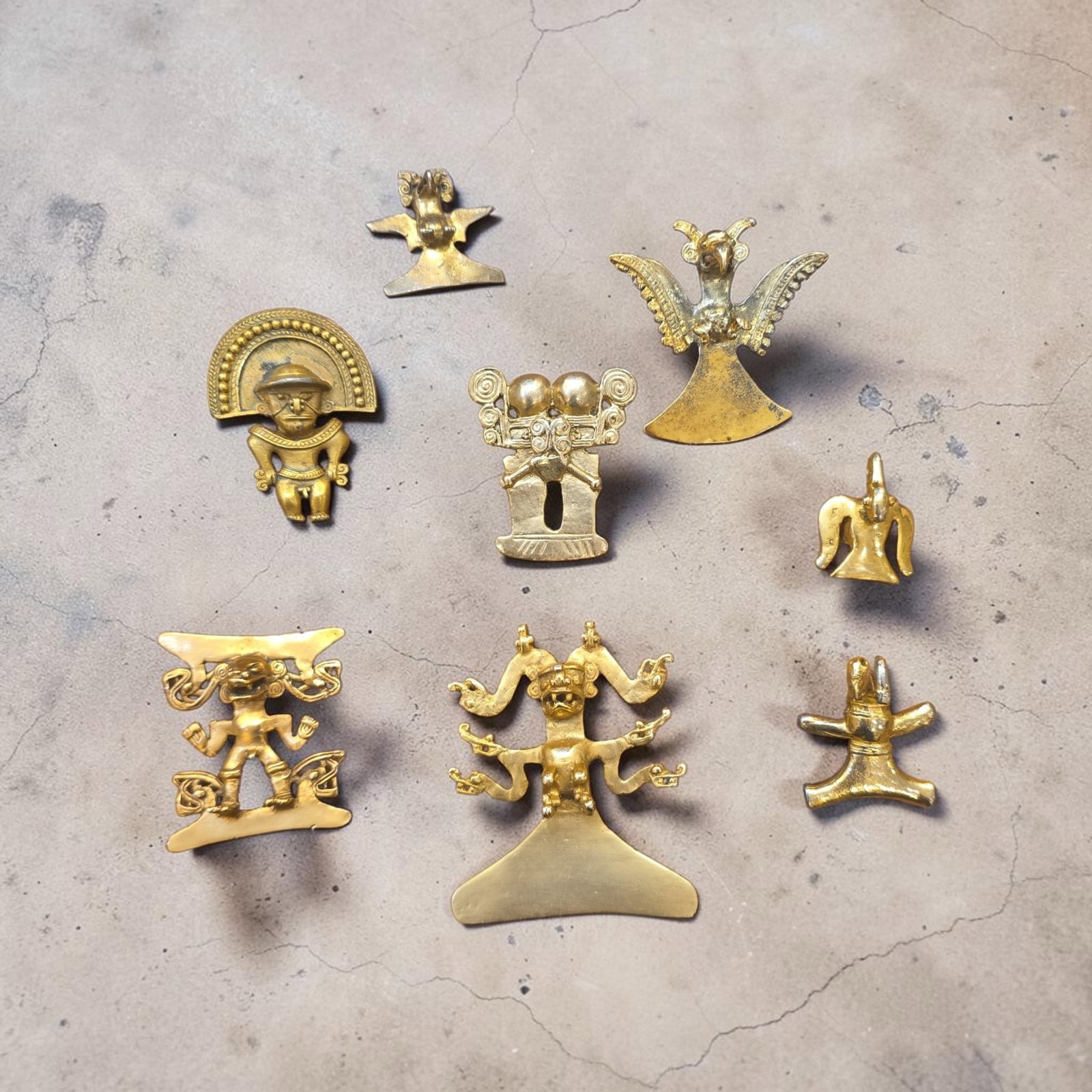 Pre-Columbian Style Gold Tone Pendant Collection: 1"-2", Pre-Columbian Style Gold Tone Pendants, Large Colleciton of Panamanian Gold Tone Pendants, Various Sizes, Pendants and Brooches