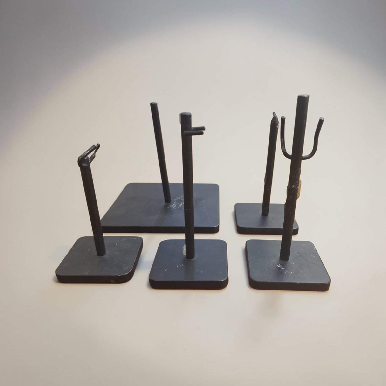 Custom Black Artifact Display Stands, Set of 6: 1.5" x 1.5", Custom Black Artifact Display Stands, Set of 6 Bases Range In size 1.5" x 1.5" to 3" x 2" Base, Approx 3" Post
