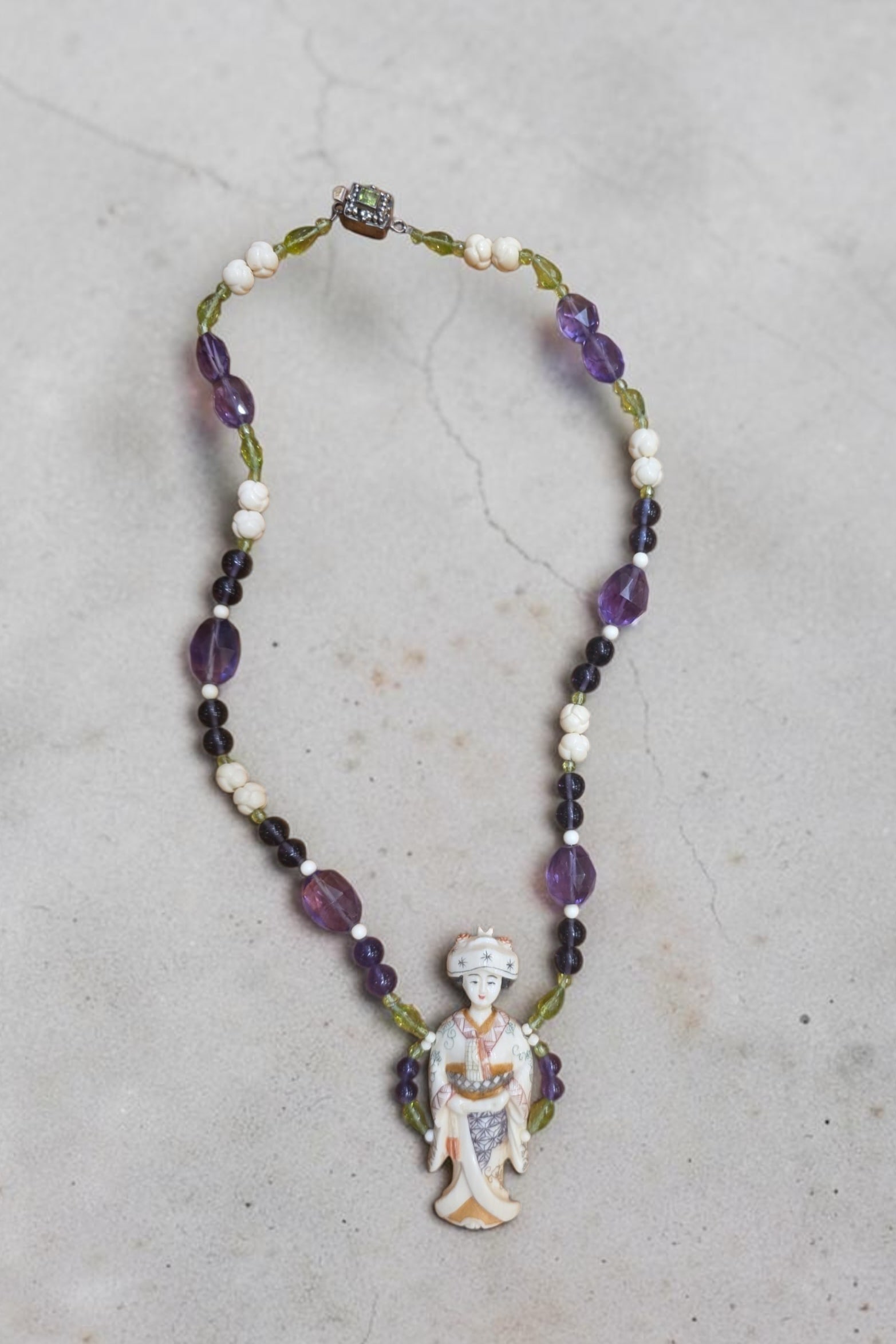 Antique Chinese Netsuke Beaded Necklace with Polychrome: 12.25" Drop Length, Antique Chinese Netsuke Beaded Necklace with Polychrome, Signed