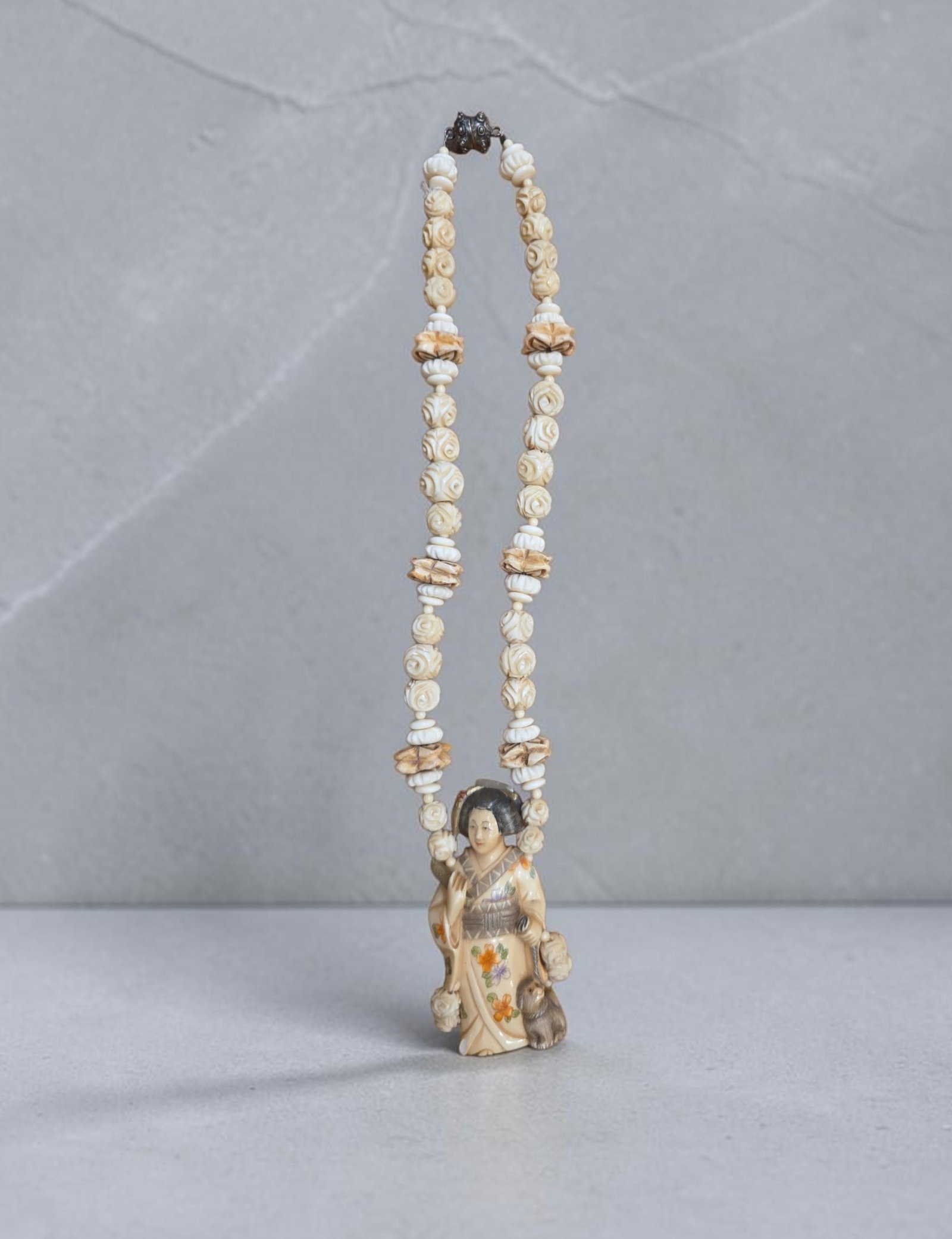 Antique Chinese Netsuke Beaded Necklace with Polychrome: 11.5" Drop Length, Antique Chinese Netsuke Beaded Necklace with Polychrome, Signed