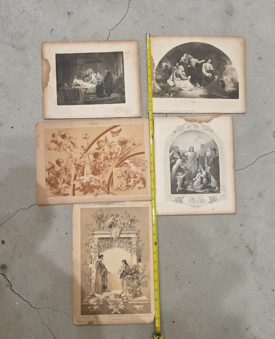 Antique Religious Prints, 19th Century: 11" x 12", Antique Religious Prints, 19th Century , Chrubs, Classical Stone Portico, Biblical Narratives