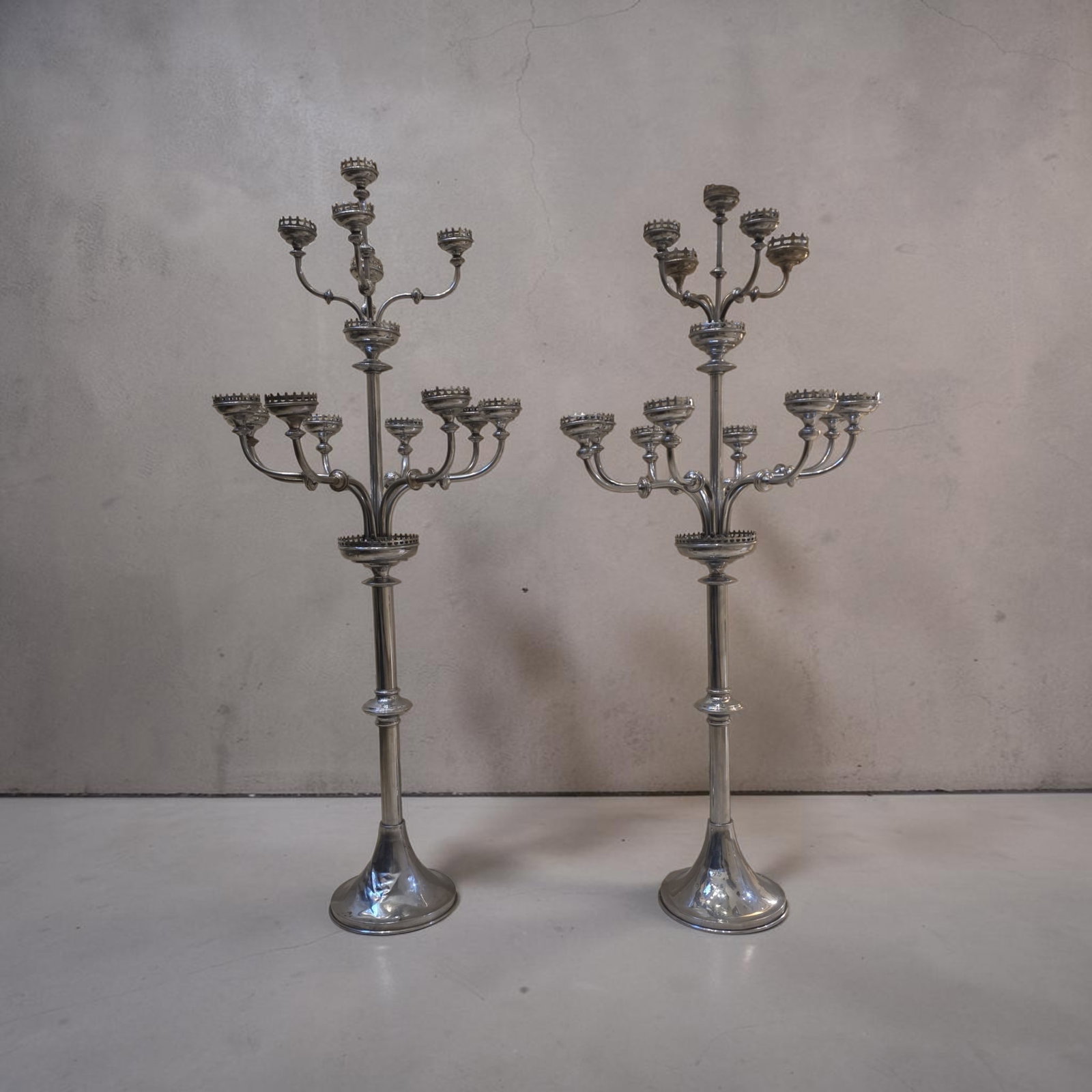 Mid-Century Chrome Plated Candelabras, Pair of 2, Very Large: 54" x 23", Mid-Century Chrome Plated Candelabras, Adjustable Arms, Very Large Floor Candelabras