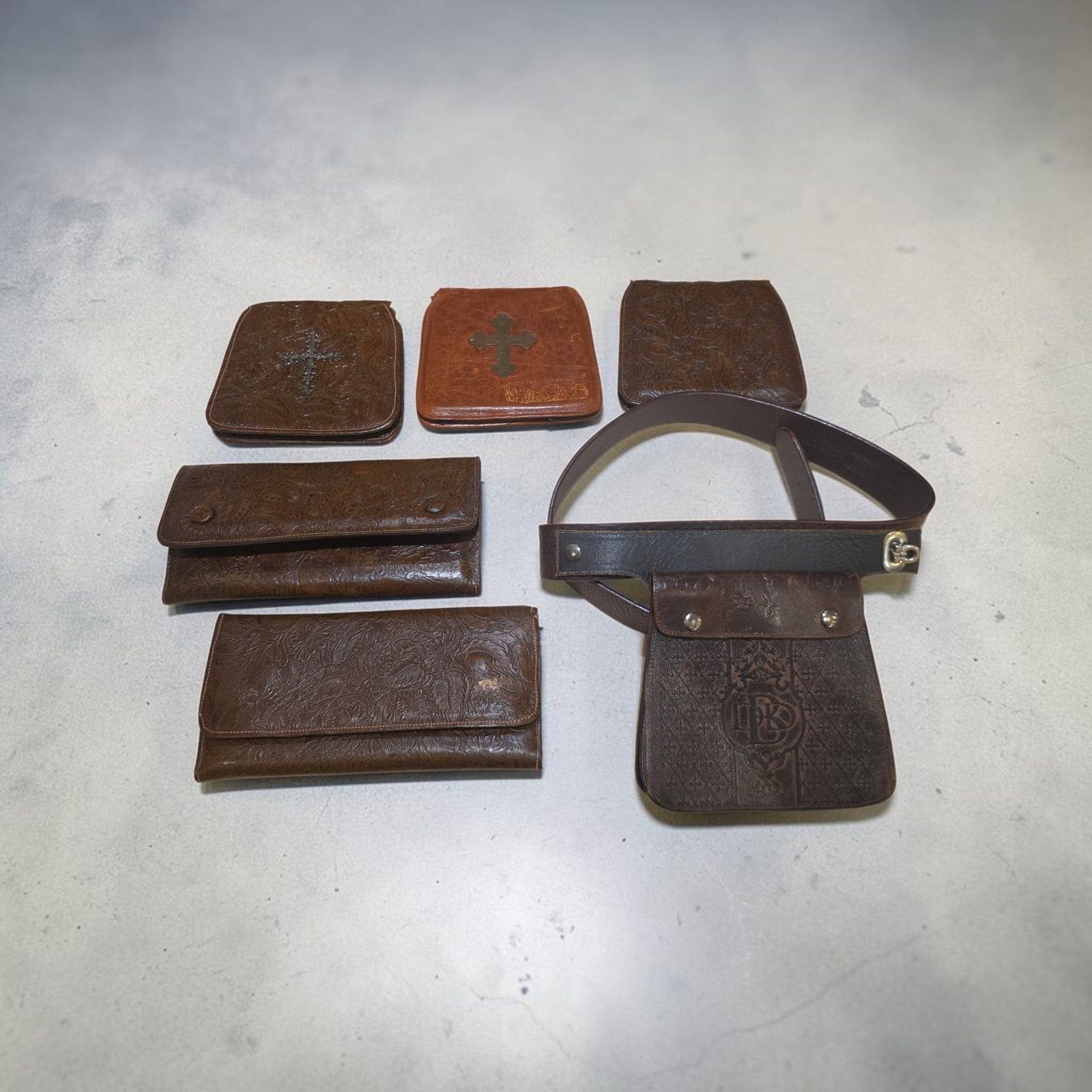 Large Lot of Vintage Leather Goods: 3" x 8" Wallet, Large Lot of Vintage Leather Goods, Quality Embossed Leather Wallets and Handbag Frams, One Leather Belt Pouch, One of a Kind Leather Goods, Great for Crafting , Various Sizes, Large