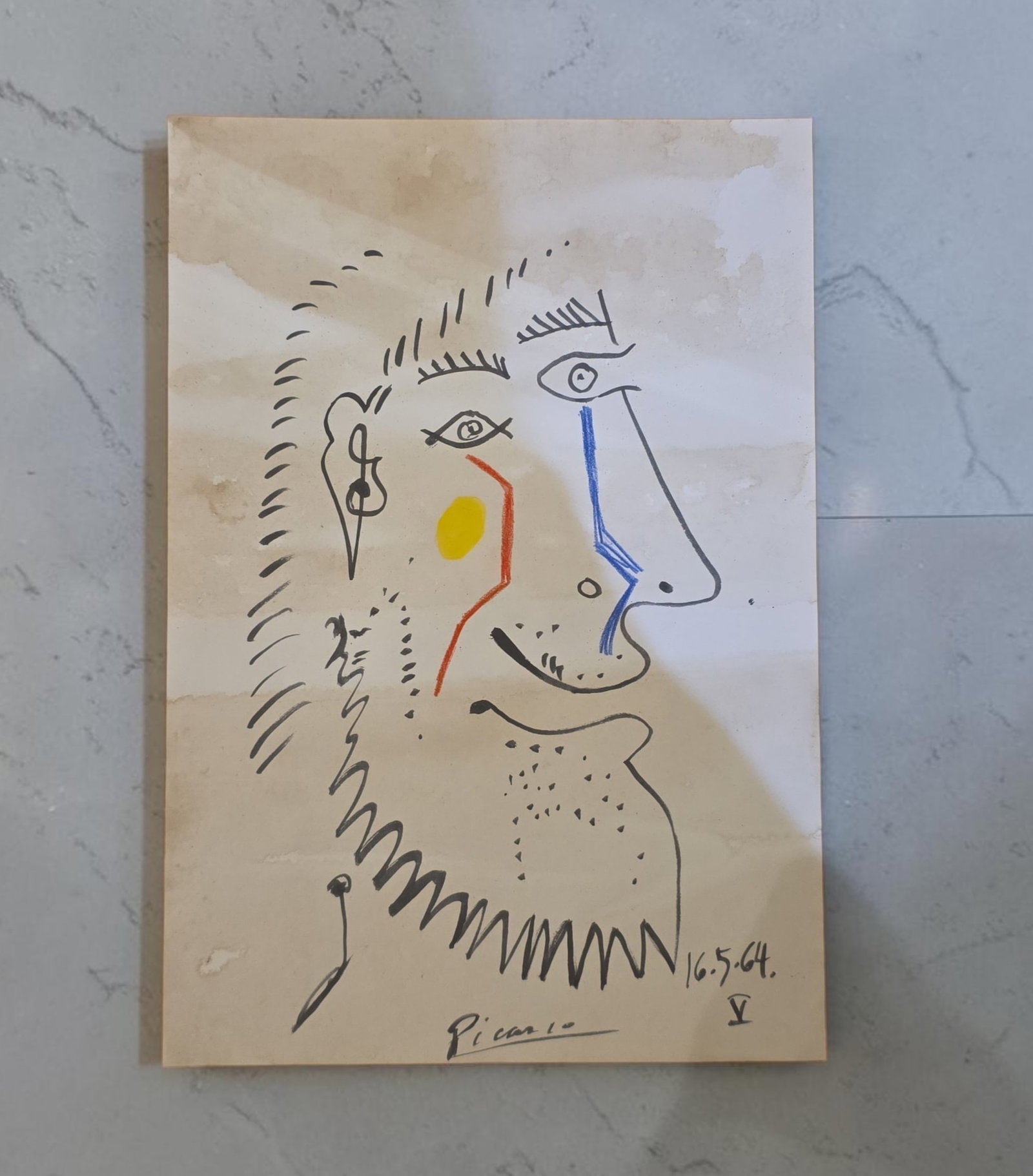 Picasso Drawing on Paper, Signed and Stamped: 12.5" x 9", Picasso Drawing on Paper, Marker, Watercolor, Signed and Stamped, Unverified
