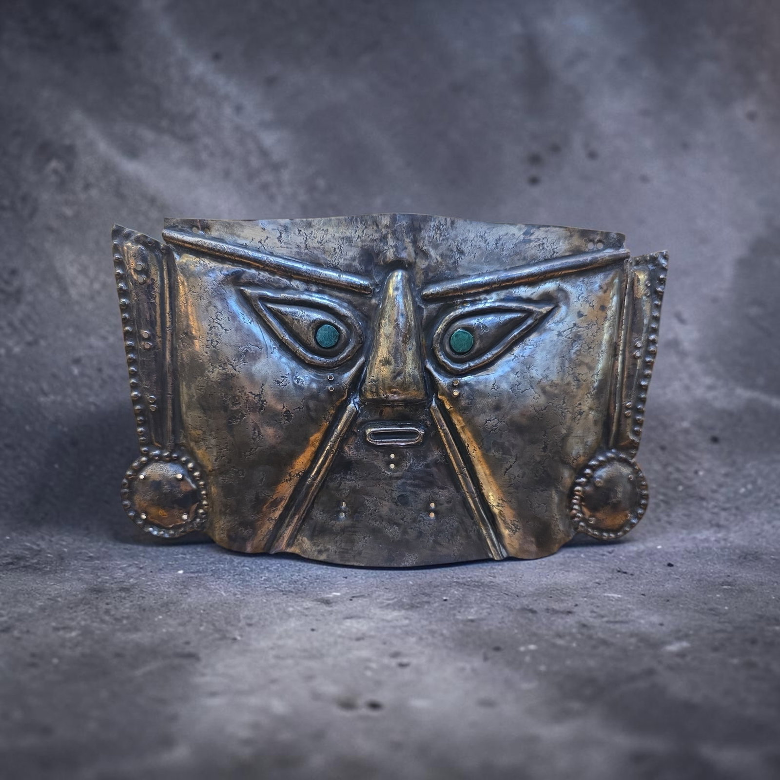 Pre-Columbian Lambayeque Silver Funerary Mask: 5" x 8.5", Pre-Columbian Lambayeque Silver Funerary Mask, Silver Relief Mask, Inlay-Stone Eyes ( Restored ), Excellent Patina, South America 700-900 C.E.