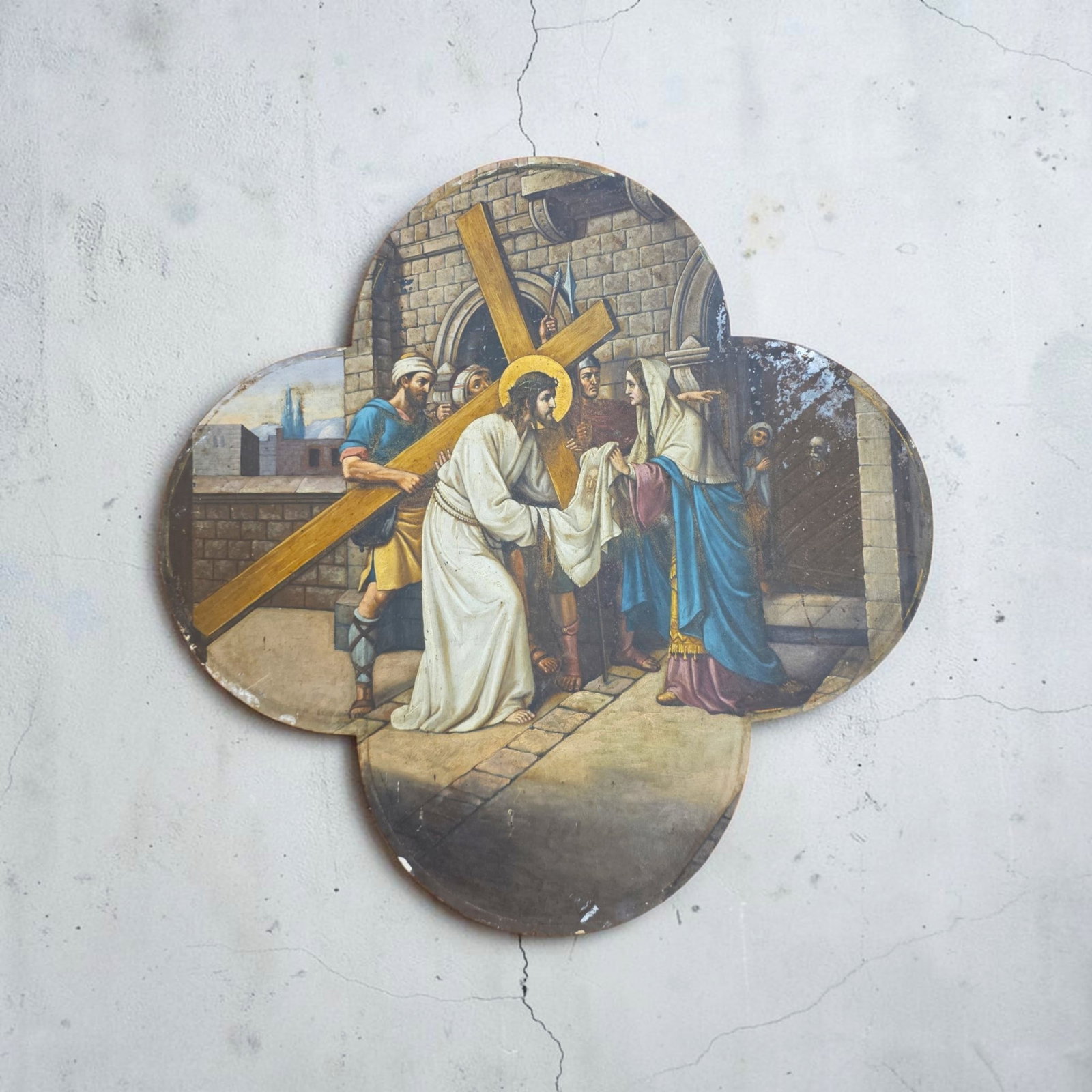 Antique 19th Century Quatrafoil Oil on Tin "Sixth Station of the Cross" Religious Art: 25" x 25" Antique 19th Century Quatrafoil Oil on Tin "Sixth Station of the Cross" Religious Art, four-lobed quatrefoil design on tin